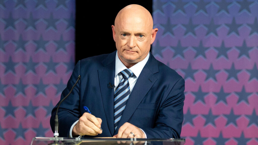 Democratic challenger Mark Kelly prepares to debate US Senator Martha McSally (R-AZ) (not in frame) at the Walter Cronkite School of Journalism at Arizona State University in Phoenix, Arizona, on October 6, 2020.