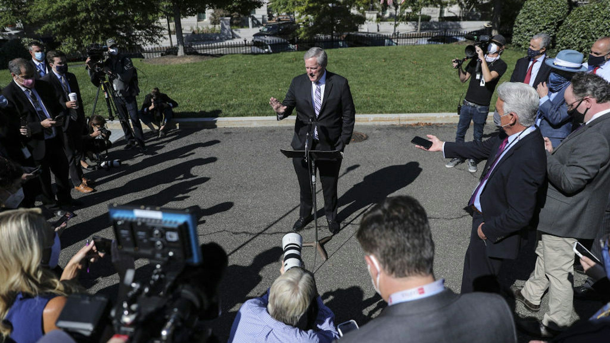 Mark Meadows, White House chief of staff, speaks with members of the media outside the West Wing of the White House in Washington, D.C., U.S., on Friday, Oct. 2, 2020. President Trump is experiencing mild symptoms and will remain on the job, Meadows told reporters. Photographer: Oliver Contreras/Bloomberg