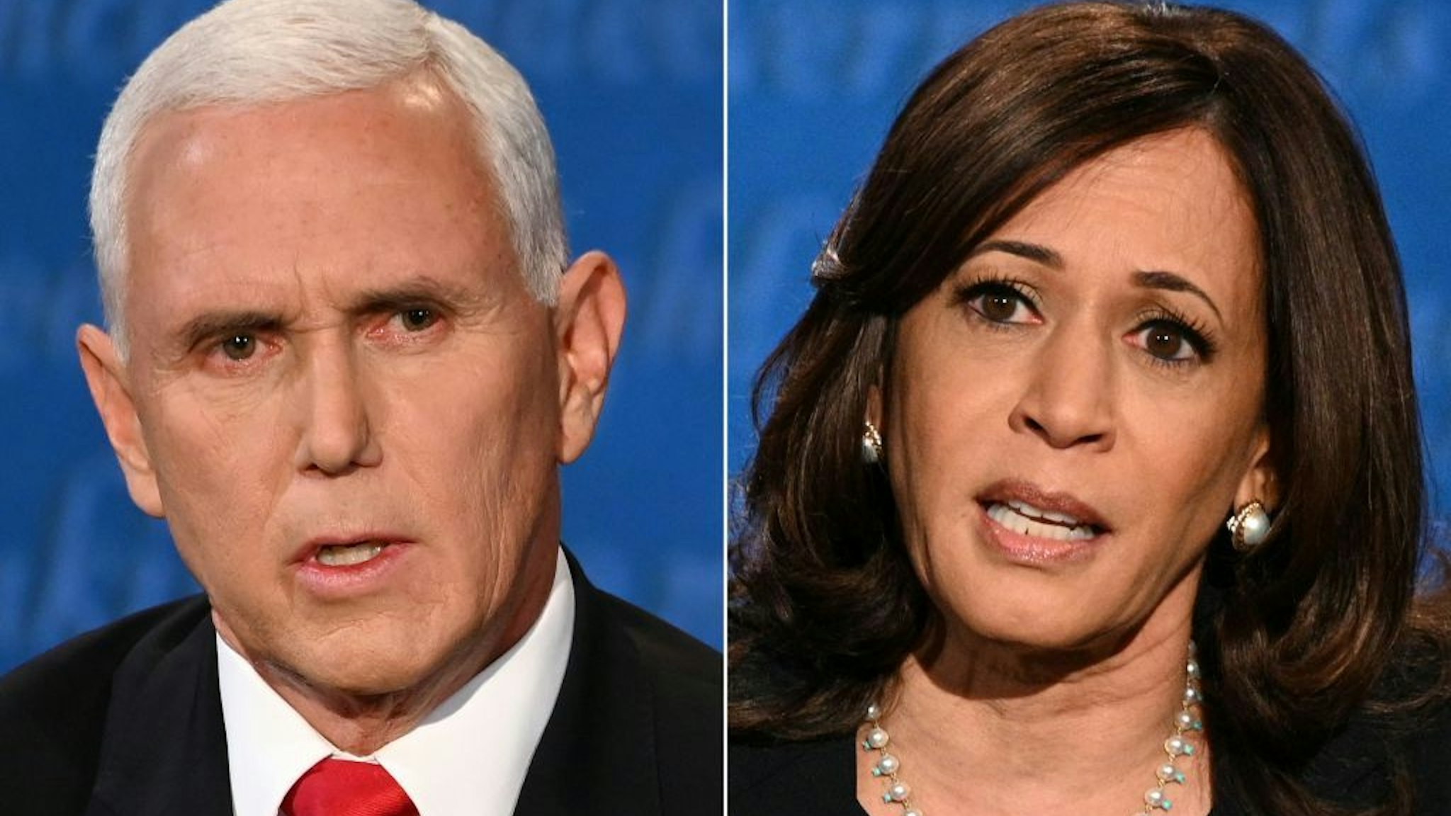 This combination of pictures created on October 07, 2020 shows US Vice President Mike Pence and US Democratic vice presidential nominee and Senator from California Kamala Harris during the vice presidential debate in Kingsbury Hall at the University of Utah on October 7, 2020 in Salt Lake City, Utah. (Photos by Eric BARADAT and Robyn Beck / AFP)