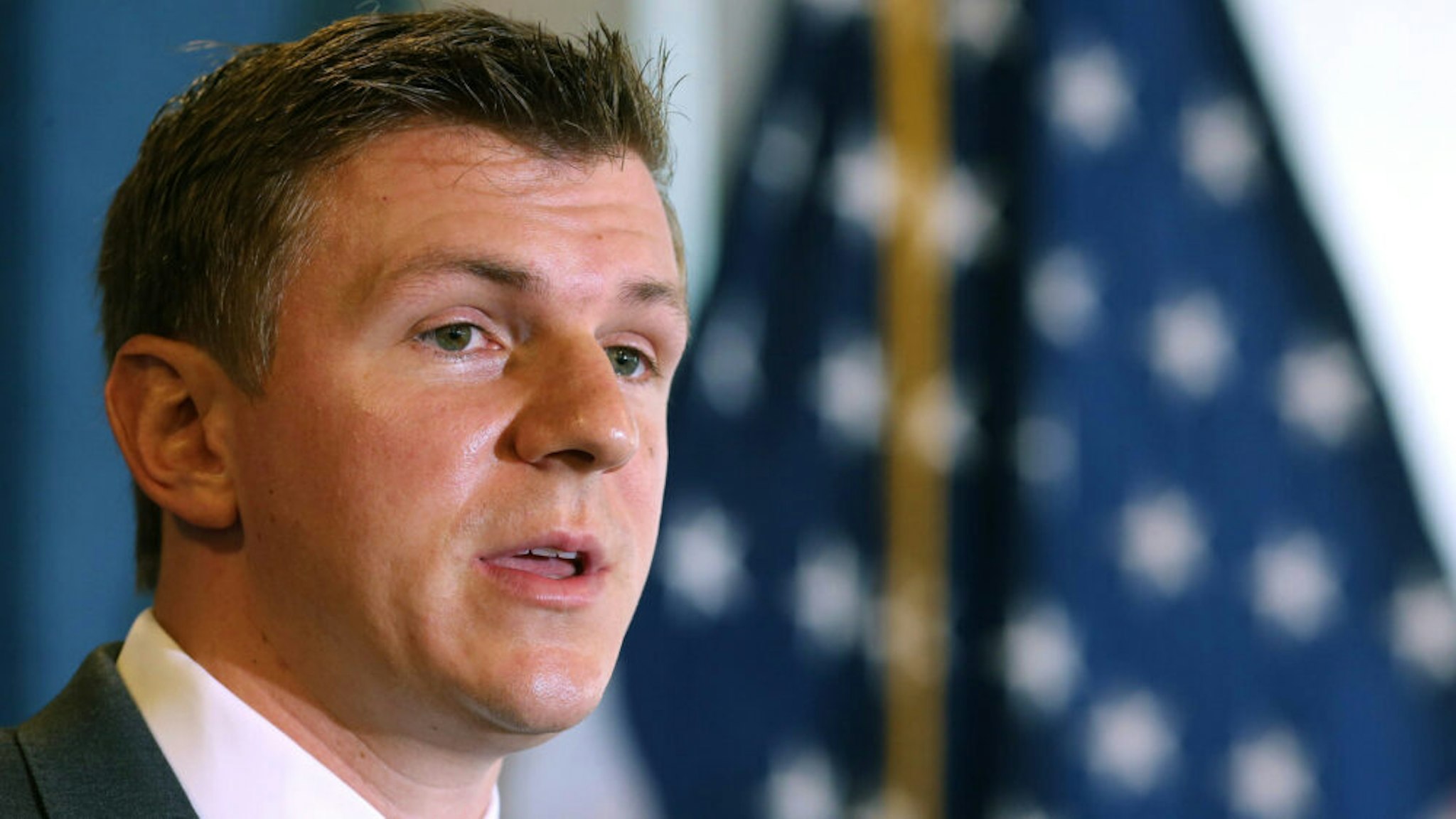 WASHINGTON, DC - SEPTEMBER 01: Conservative undercover journalist James O'Keefe (R) holds a news conference at the National Press Club September 1, 2015 in Washington, DC. O'Keefe released a video of that accuses the Democratic frontrunner Hillary Clinton's director of marketing and FEC compliance director of breaking the law by allowing a Canadian tourist to buy $75 of campaign swag using the Project Veritas Action journalist as a straw purchaser. O'Keefe promised that people will resign from their jobs as his "Army of Exposers" record and release more undercover videos during the 2016 campaign.