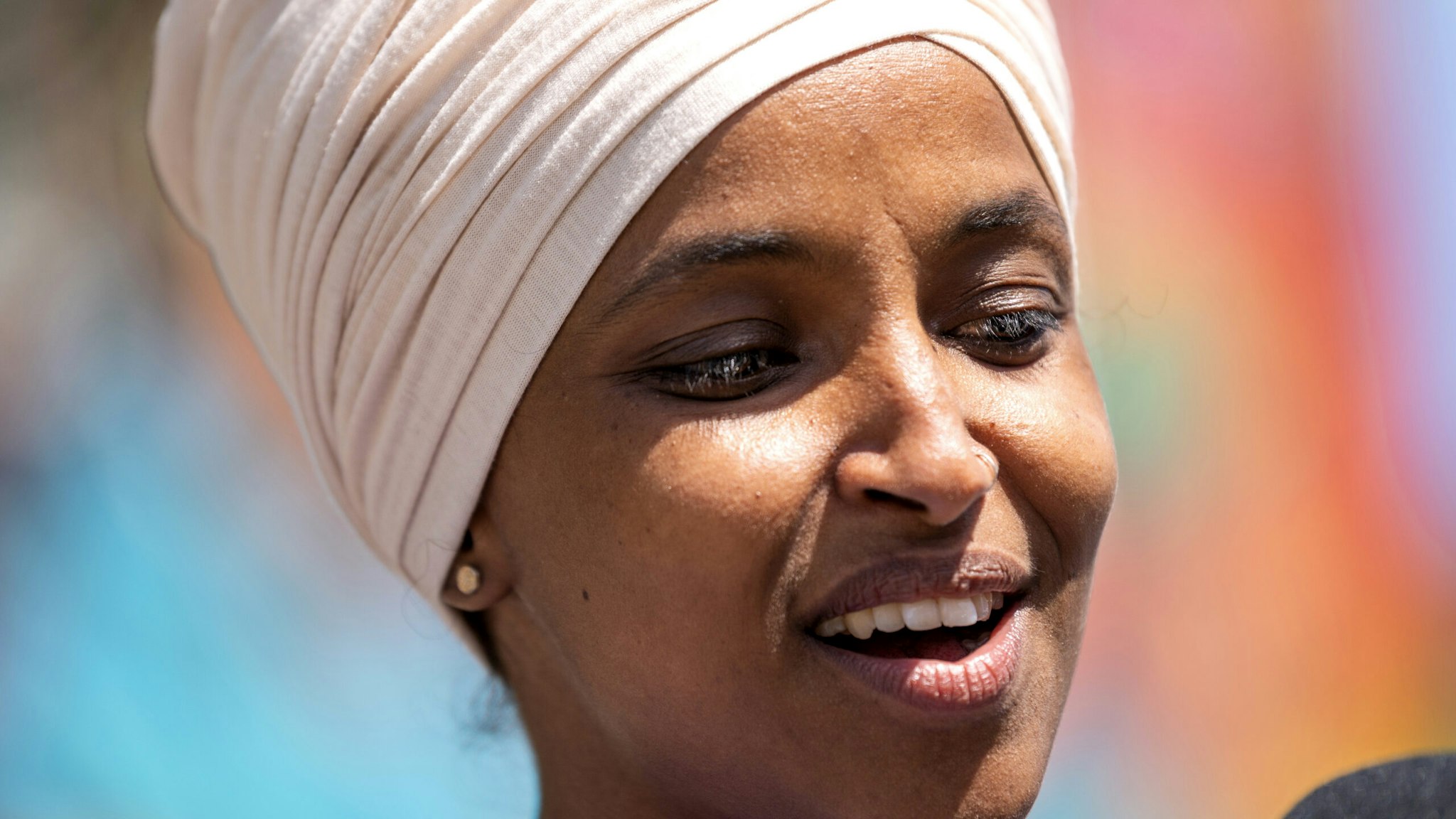 MINNEAPOLIS, MN - AUGUST 11: Rep. Ilhan Omar (D-MN) speaks with media gathered outside Mercado Central on August 11, 2020 in Minneapolis, Minnesota. Omar is hoping to retain her seat as the representative for Minnesota's 5th Congressional District in today's primary election.