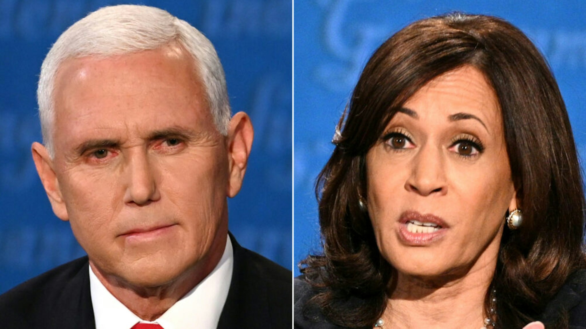 (COMBO) This combination of pictures created on October 07, 2020 shows US Vice President Mike Pence and US Democratic vice presidential nominee and Senator from California Kamala Harris during the vice presidential debate in Kingsbury Hall at the University of Utah on October 7, 2020, in Salt Lake City, Utah.
