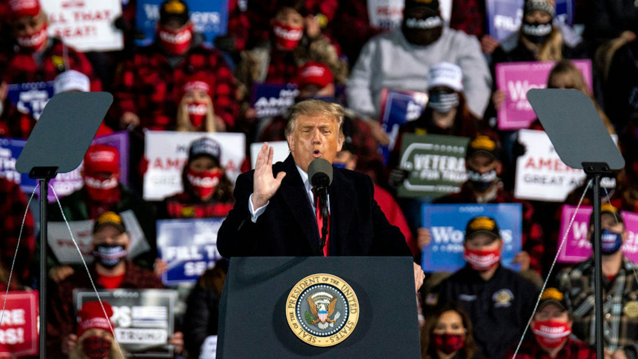 DULUTH, MN - SEPTEMBER 30: President Donald Trump speaks during a campaign rally at the Duluth International Airport on September 30, 2020 in Duluth, Minnesota. The rally is Trump's first after last night's Presidential Debate. (Photo by Stephen Maturen/Getty Images)