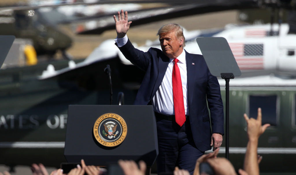 PRESCOTT, AZ - OCTOBER 19: U.S. President Donald Trump arrives at a “Make America Great Again” campaign rally on October 19, 2020 in Prescott, Arizona. With almost two weeks to go before the November election, President Trump is back on the campaign trail with multiple daily events as he continues to campaign against Democratic presidential nominee Joe Biden. (Photo by Caitlin O'Hara/Getty Images)