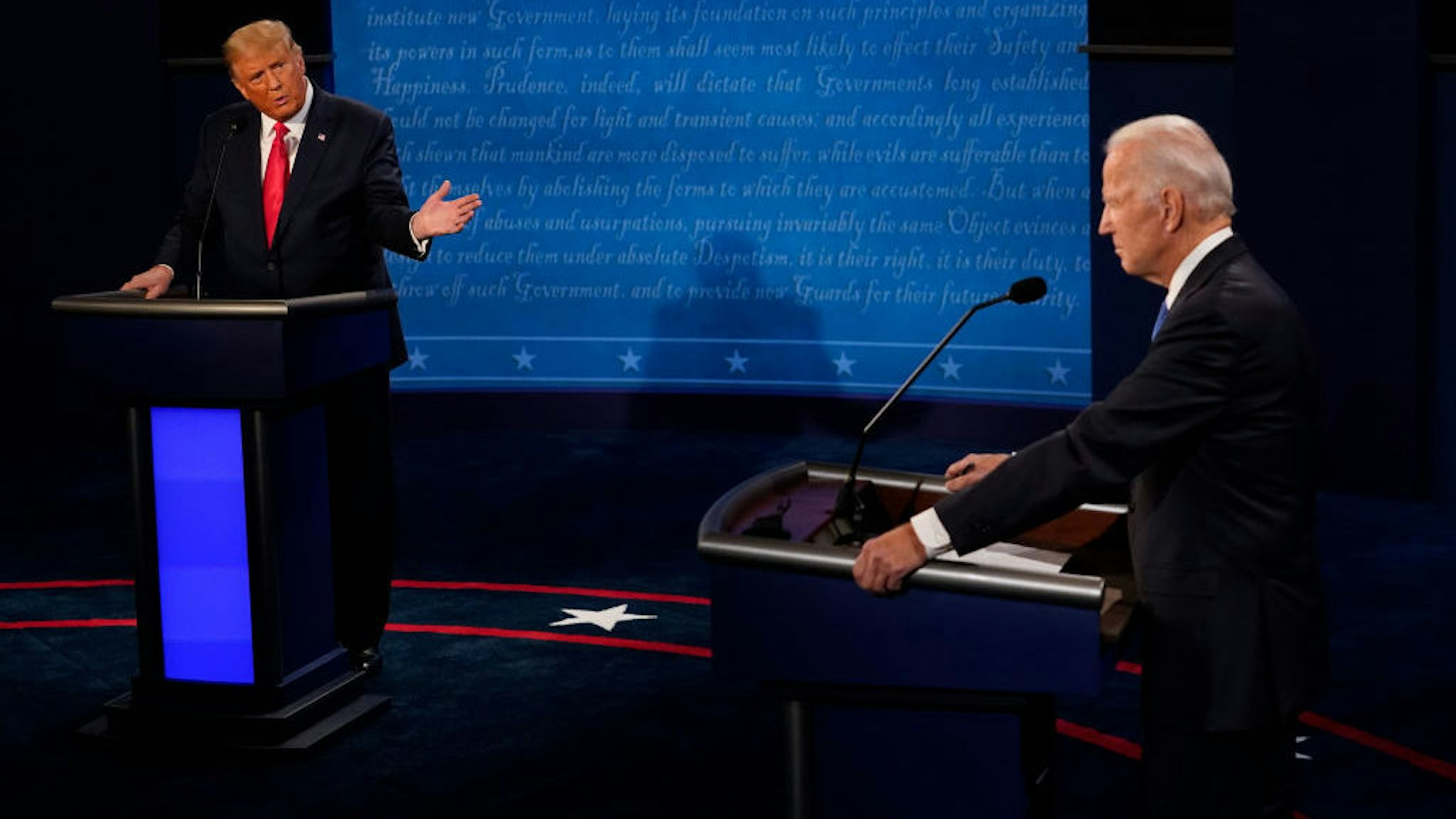 NASHVILLE, TENNESSEE - OCTOBER 22: President Donald Trump gestures toward Democratic presidential candidate former Vice President Joe Biden during the second and final presidential debate at Belmont University on October 22, 2020 in Nashville, Tennessee. This is the last debate between the two candidates before the election on November 3. (Photo by Morry Gash-Pool/Getty Images)
