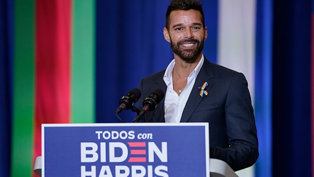 KISSIMMEE, FL - SEPTEMBER 15: Singer Ricky Martin speaks during a Hispanic heritage event with Democratic presidential nominee and former Vice President Joe Biden at Osceola Heritage Park on September 15, 2020 in Kissimmee, Florida. National Hispanic Heritage Month in the United States runs from September 15th to October 15th.
