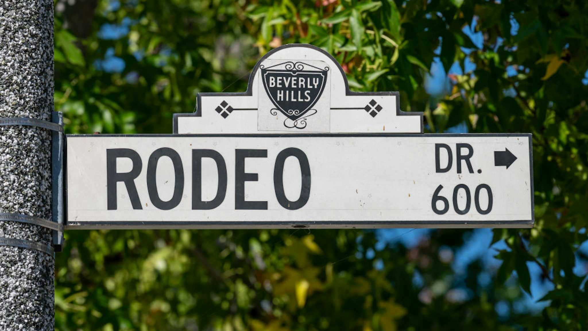 View of Rodeo Drive street sign is seen in Beverly Hills on July 30, 2020 in Los Angeles, California. (Photo by RBL/Bauer-Griffin/GC Images)