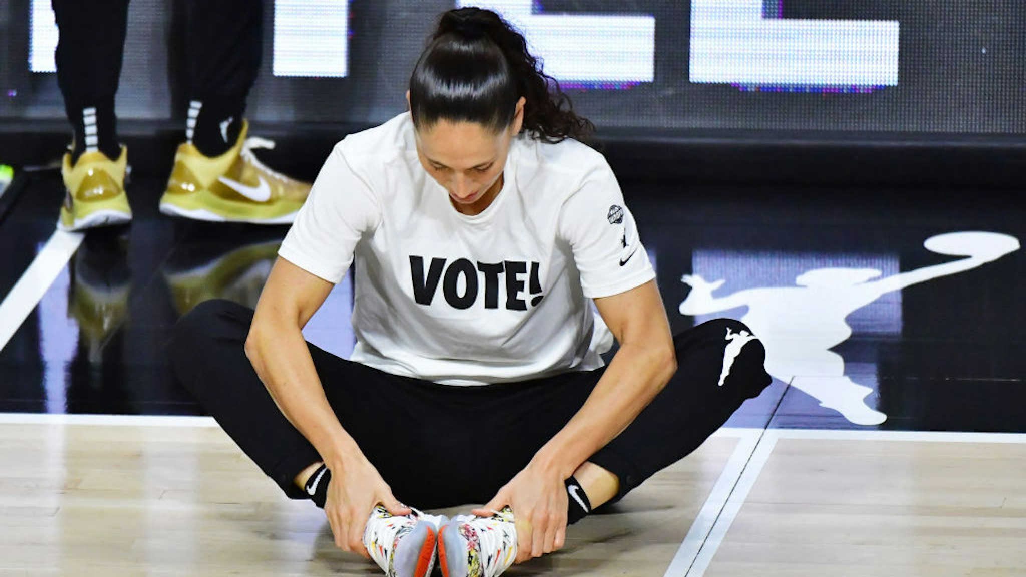 PALMETTO, FLORIDA - OCTOBER 06: Sue Bird #10 of the Seattle Storm stretches before Game 3 of the WNBA Finals against the Las Vegas Aces at Feld Entertainment Center on October 06, 2020 in Palmetto, Florida. NOTE TO USER: User expressly acknowledges and agrees that, by downloading and or using this photograph, User is consenting to the terms and conditions of the Getty Images License Agreement.