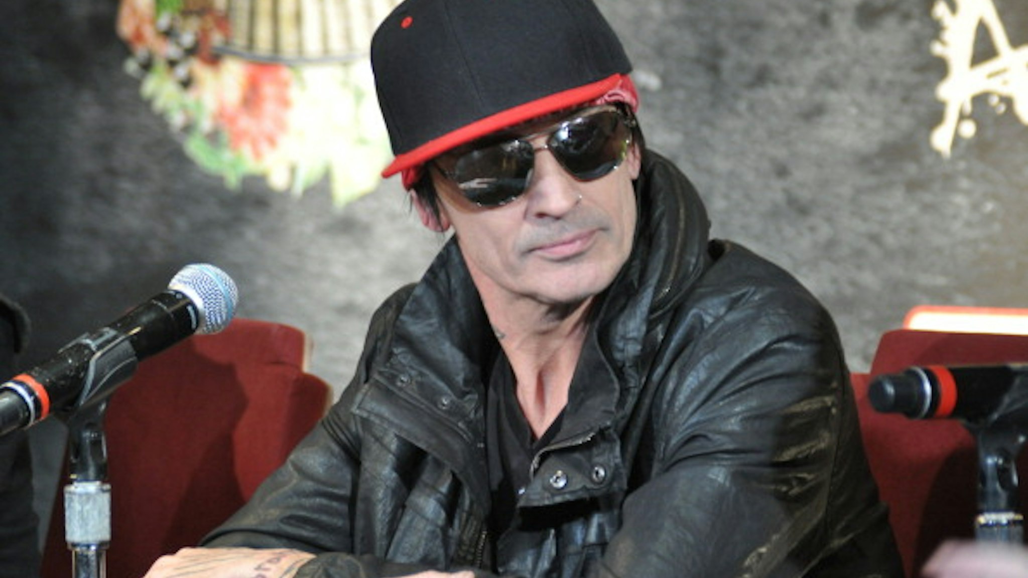 HOLLYWOOD, CA - JANUARY 28: Drummer Tommy Lee of rock band Motley Crue during a press conference announcing their farewell tour at Beacher's Madhouse on January 28, 2014 in Hollywood, California.