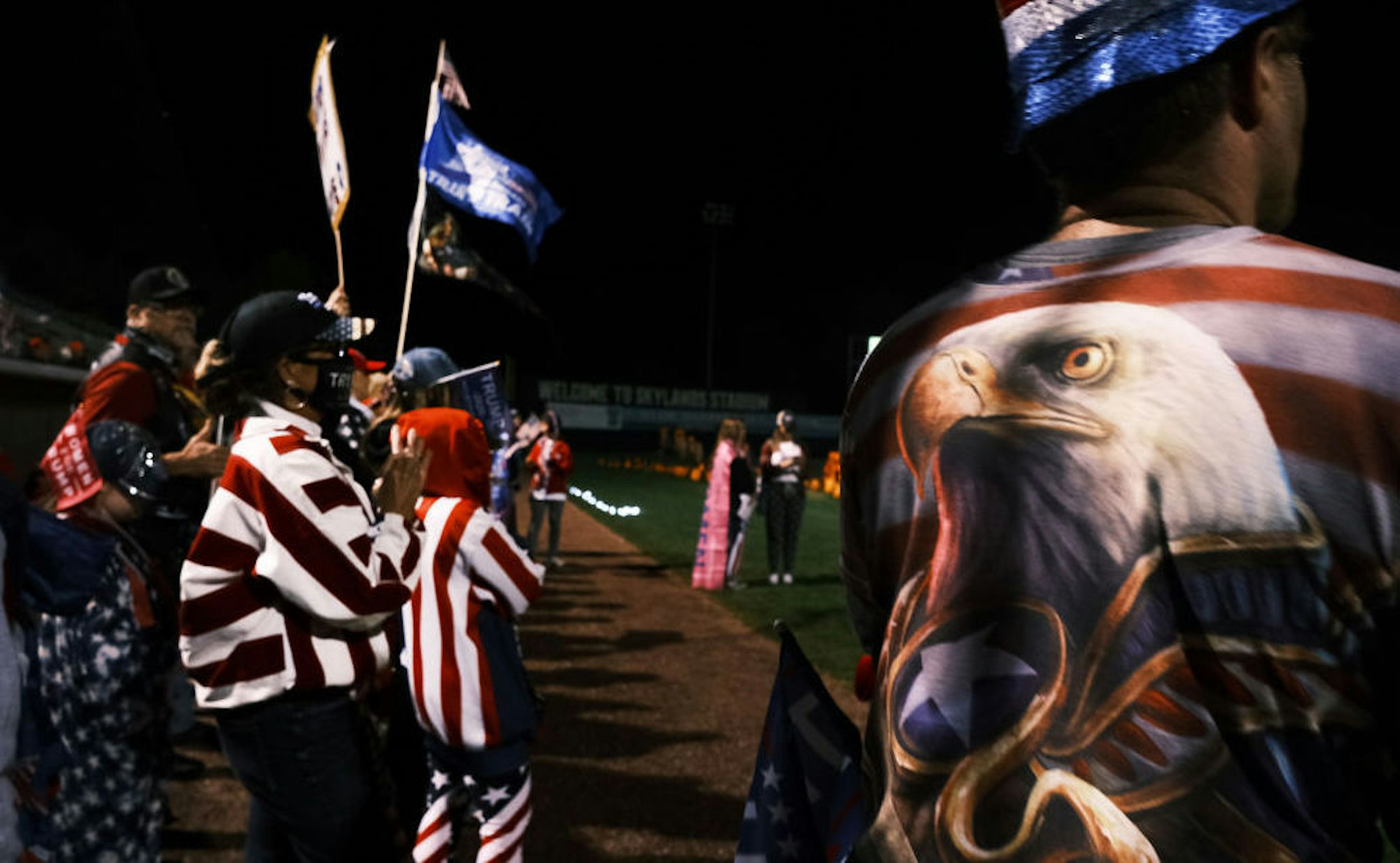 Supporters of President Donald Trump attend an election rally at Skylands Stadium on October 14, 2020 in Augusta, New Jersey. Billed as “the largest grassroots presidential election rally to date,” the event featured numerous speakers urging New Jersey residents to re-elect Donald Trump for president on November 4th. New Jersey, which has a Democratic governor, is expected to be won by Democratic challenger Joe Biden. (Photo by Spencer Platt/Getty Images)