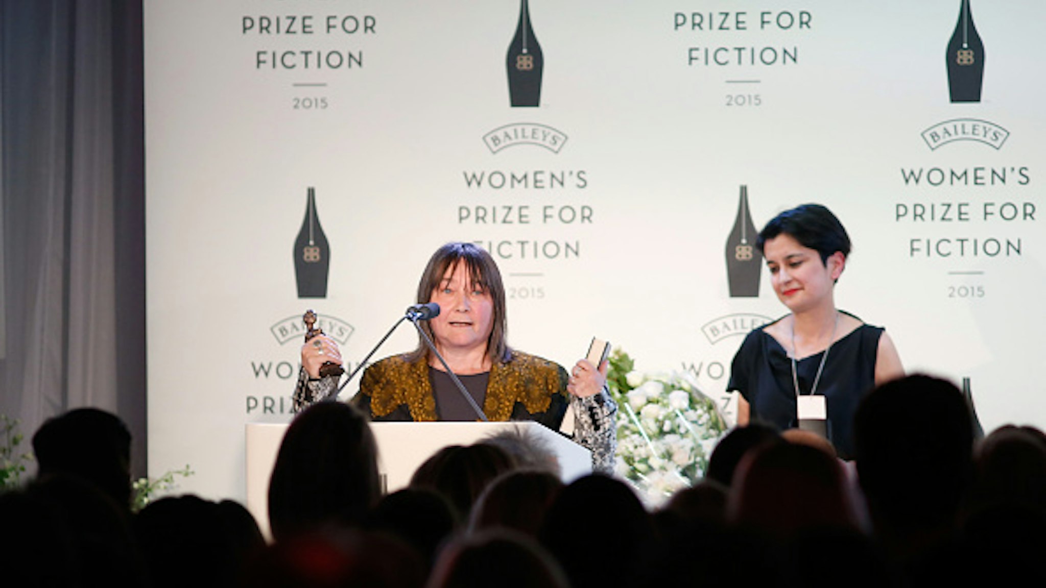 LONDON, ENGLAND - JUNE 03: Ali Smith (L) wins the 2015 Baileys Women's Prize for Fiction for her novel How To Be Both (Hamish Hamilton) next to the Chair of judges Shami Chakrabarti (R) at the Royal Festival Hall, London on Wednesday 3 June 2015 in London, England.