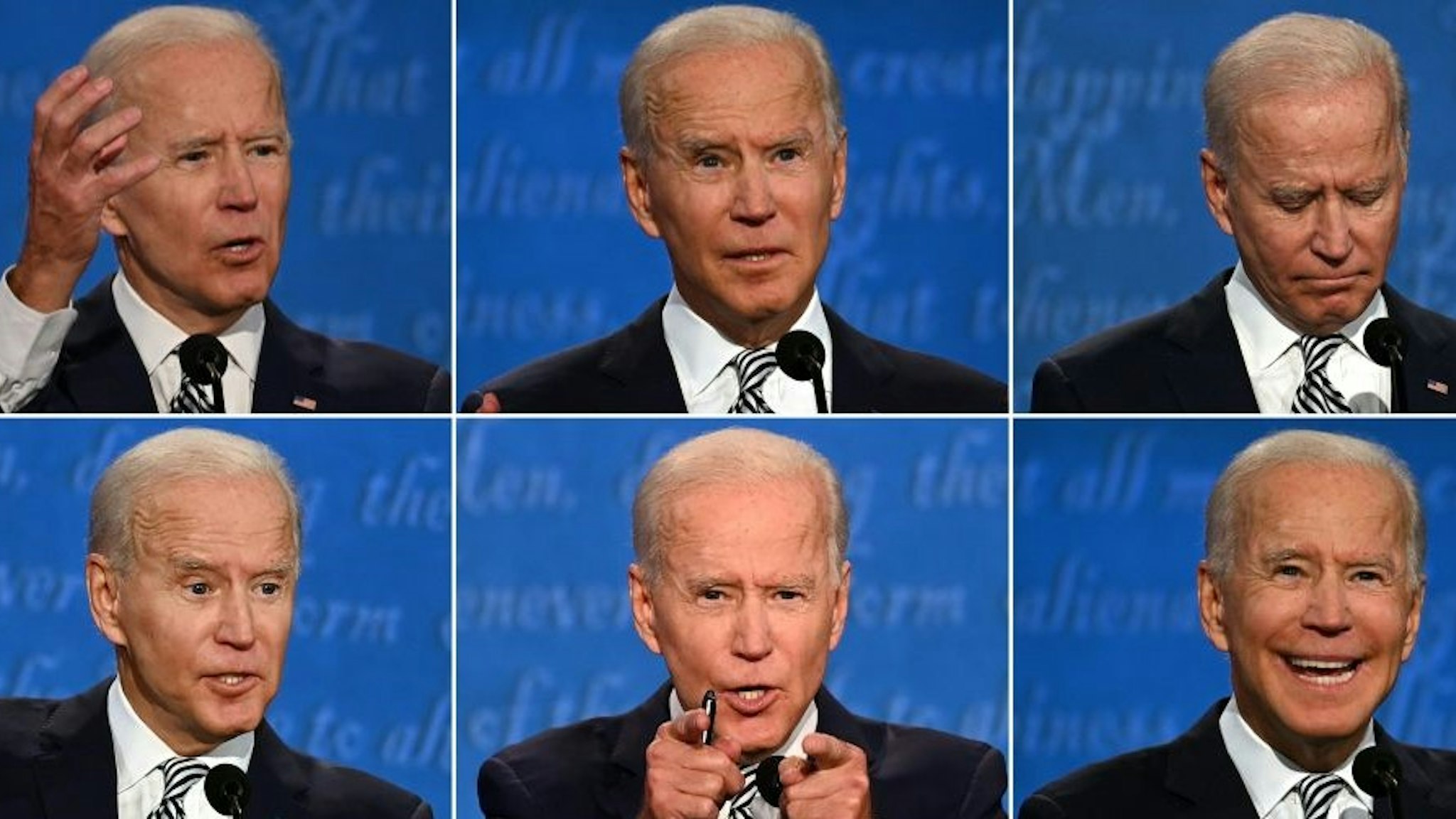 This combination of pictures created on September 29, 2020 shows Democratic Presidential candidate and former US Vice President Joe Biden during the first presidential debate opposite US President Donald Trump at the Case Western Reserve University and Cleveland Clinic in Cleveland, Ohio on September 29, 2020. (Photos by JIM WATSON / AFP) (Photo by