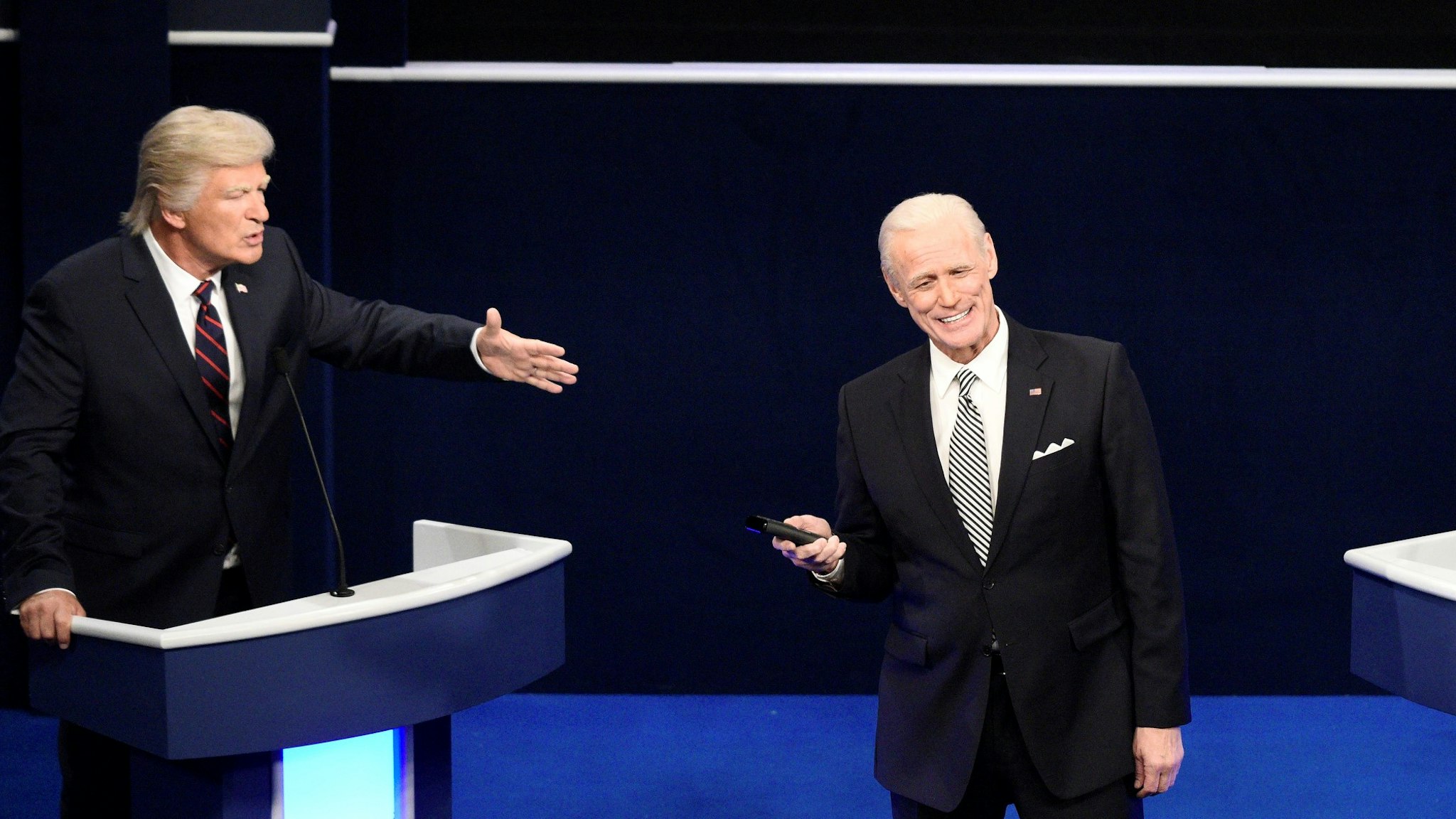 SATURDAY NIGHT LIVE -- "Chris Rock" Episode 1786 -- Pictured: (l-r) Alec Baldwin as Donald Trump and Jim Carrey as Joe Biden during the "First Debate" Cold Open on Saturday, October 3, 2020 -- (Photo by: