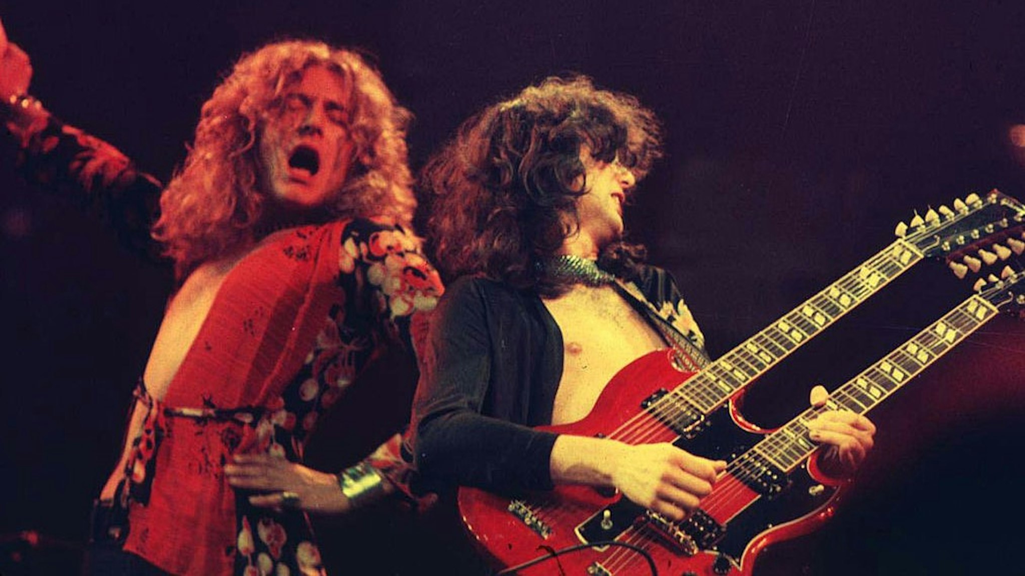 Robert Plant and Jimmy Page of Led Zeppelin at the Chicago Stadium in Chicago, Illinois (Photo by