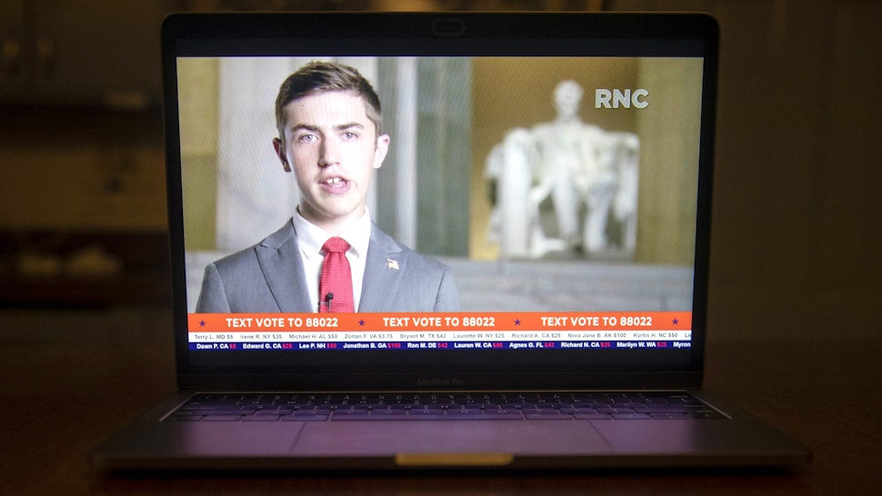 Nicholas Sandmann speaks during the Republican National Convention seen on a laptop computer in Tiskilwa, Illinois, U.S., on Tuesday, Aug. 25, 2020. President Trump plans to appear nightly during the four-day convention, which will be staged mostly from Washington because of the coronavirus pandemic.