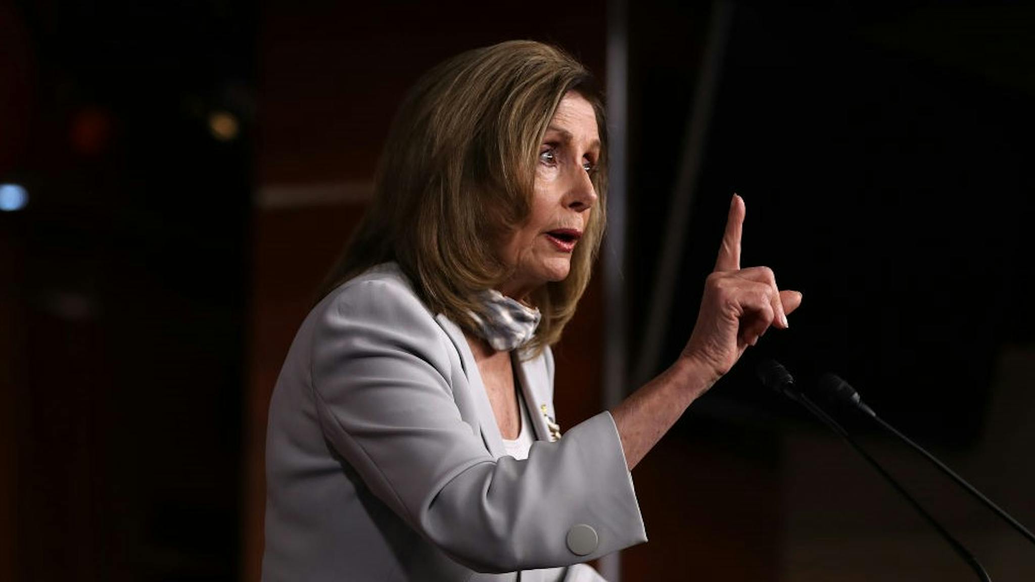 Speaker Pelosi Holds Weekly News Conference On Capitol Hill WASHINGTON, DC - AUGUST 13: Speaker of the House Nancy Pelosi (D-CA) talks to reporters during a news conference in the U.S. Capitol Visitors Center August 13, 2020 in Washington, DC. Pelosi highlighted the differences between House Democrats and the Trump Administration in their negotiations over coronavirus relief legislation, saying, "We're miles apart in our values." (Photo by