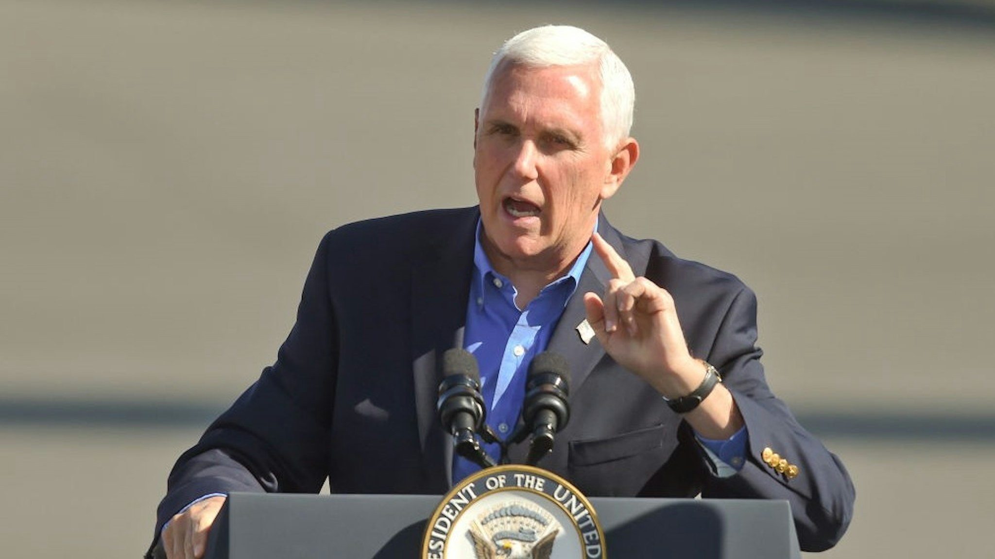 Bern Township, PA - October 17: Vice President Mike Pence speaks to the crowd. At the Reading Regional Airport in Bern township Saturday October 17, 2020 where Vice President Mike Pence made a stop in Air Force 2 for a campaign rally. (Photo by