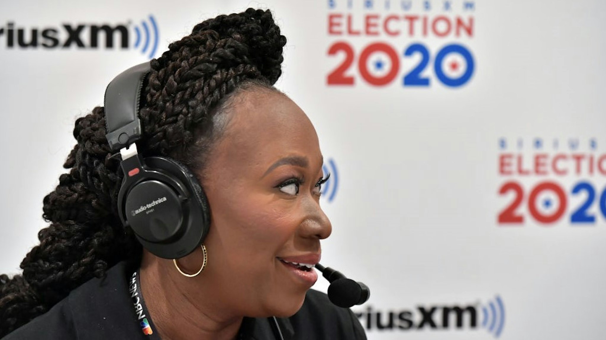 MANCHESTER, NH - FEBRUARY 10: Sirius XM on air host Dean Obeidallah interviews MSNBC's Joy Reid at the DoubleTree by Hilton on February 10, 2020 in Manchester, New Hampshire. (Photo by