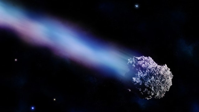 Comet with colorful tail travelling in deep space at high speed.