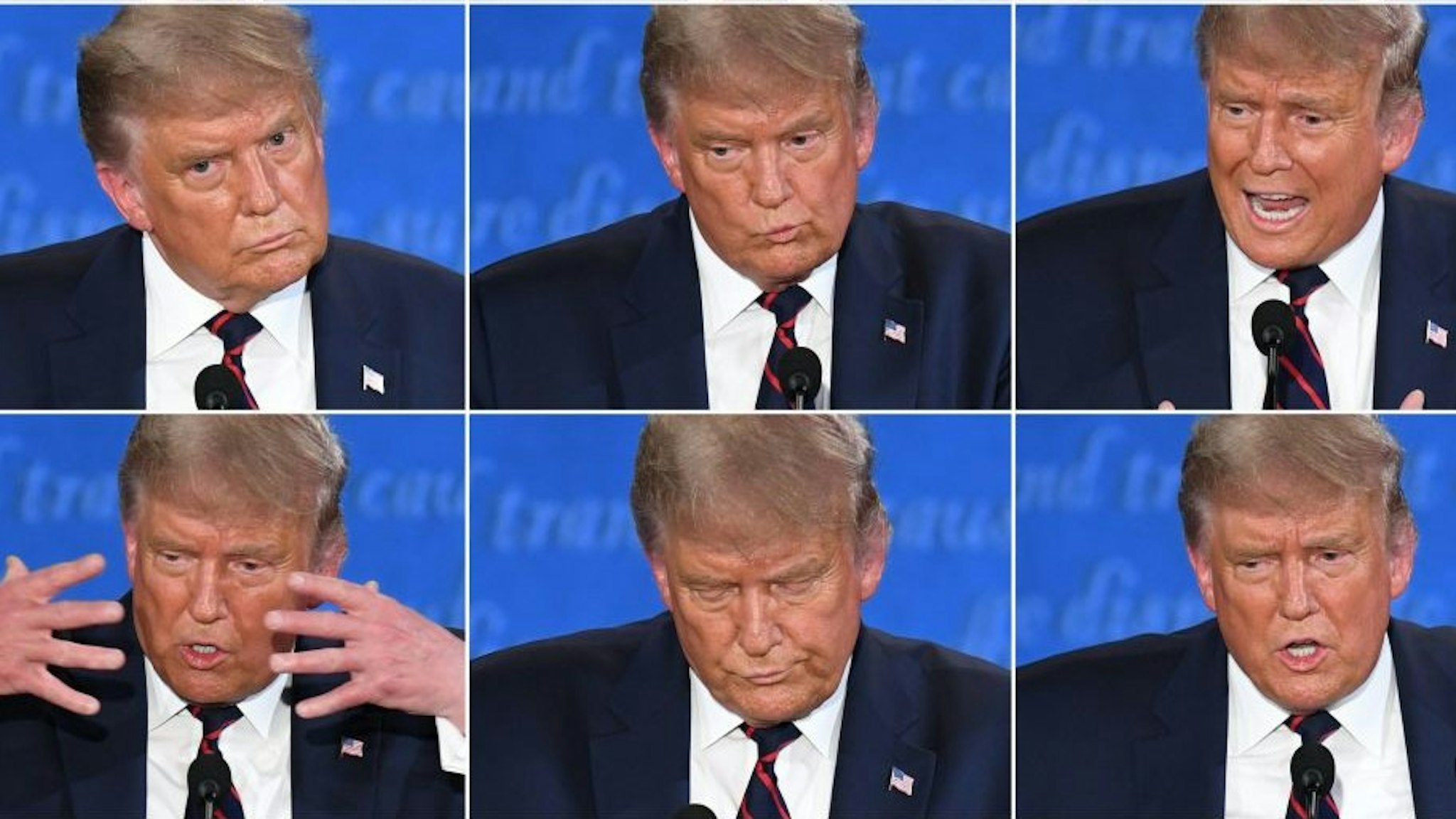 TOPSHOT - (COMBO) This combination of pictures created on September 29, 2020 shows US President Donald Trump during the first presidential debate with Democratic Presidential candidate former Vice President Joe Biden at Case Western Reserve University and Cleveland Clinic in Cleveland, Ohio, on September 29, 2020. (Photos by SAUL LOEB / AFP) (Photo by