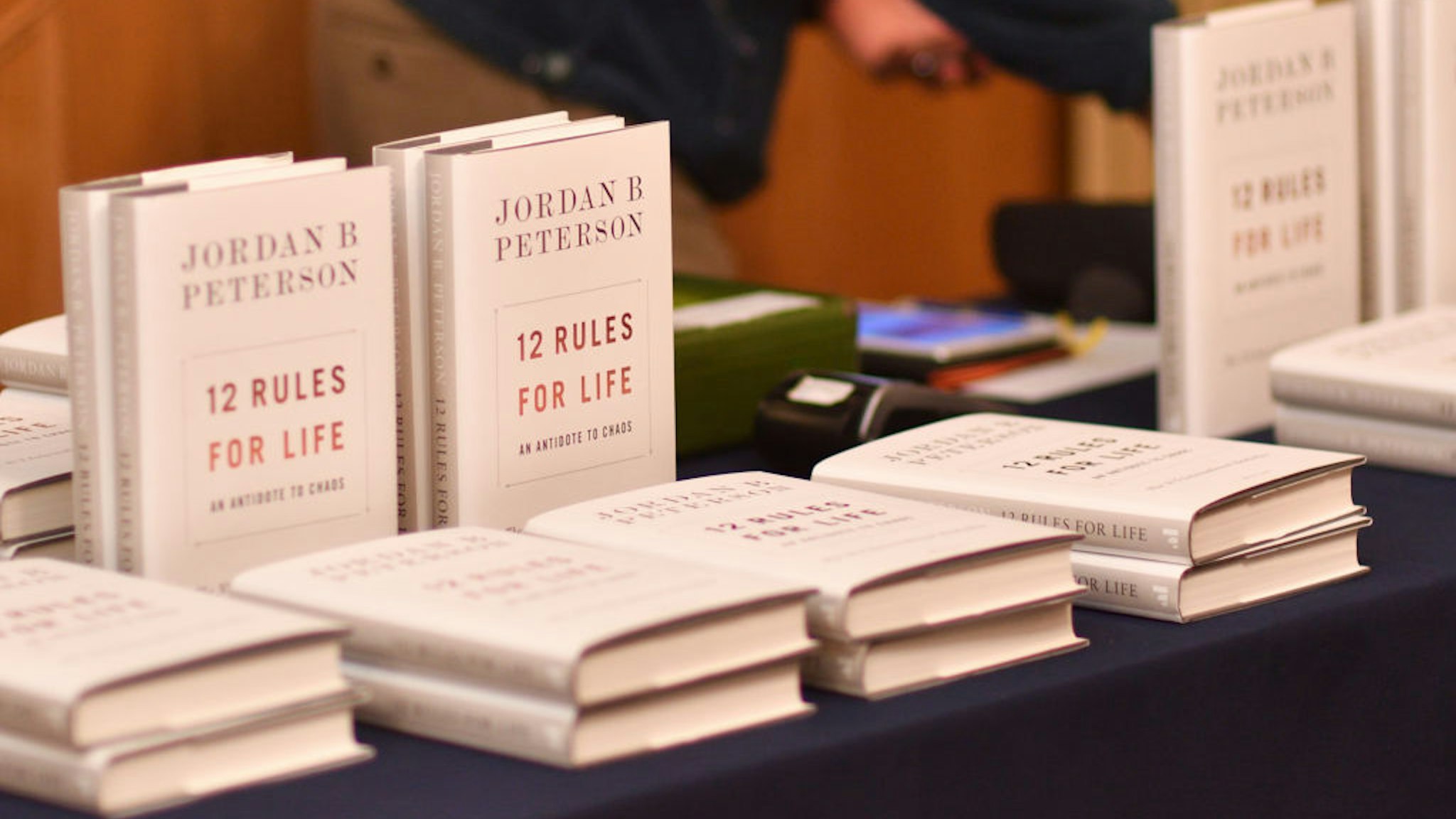 CAMBRIDGE, CAMBRIDGESHIRE - NOVEMBER 02: Jordan Peterson's book "12 rules for life" available to students as he addresses The Cambridge Union on November 02, 2018 in Cambridge, Cambridgeshire.