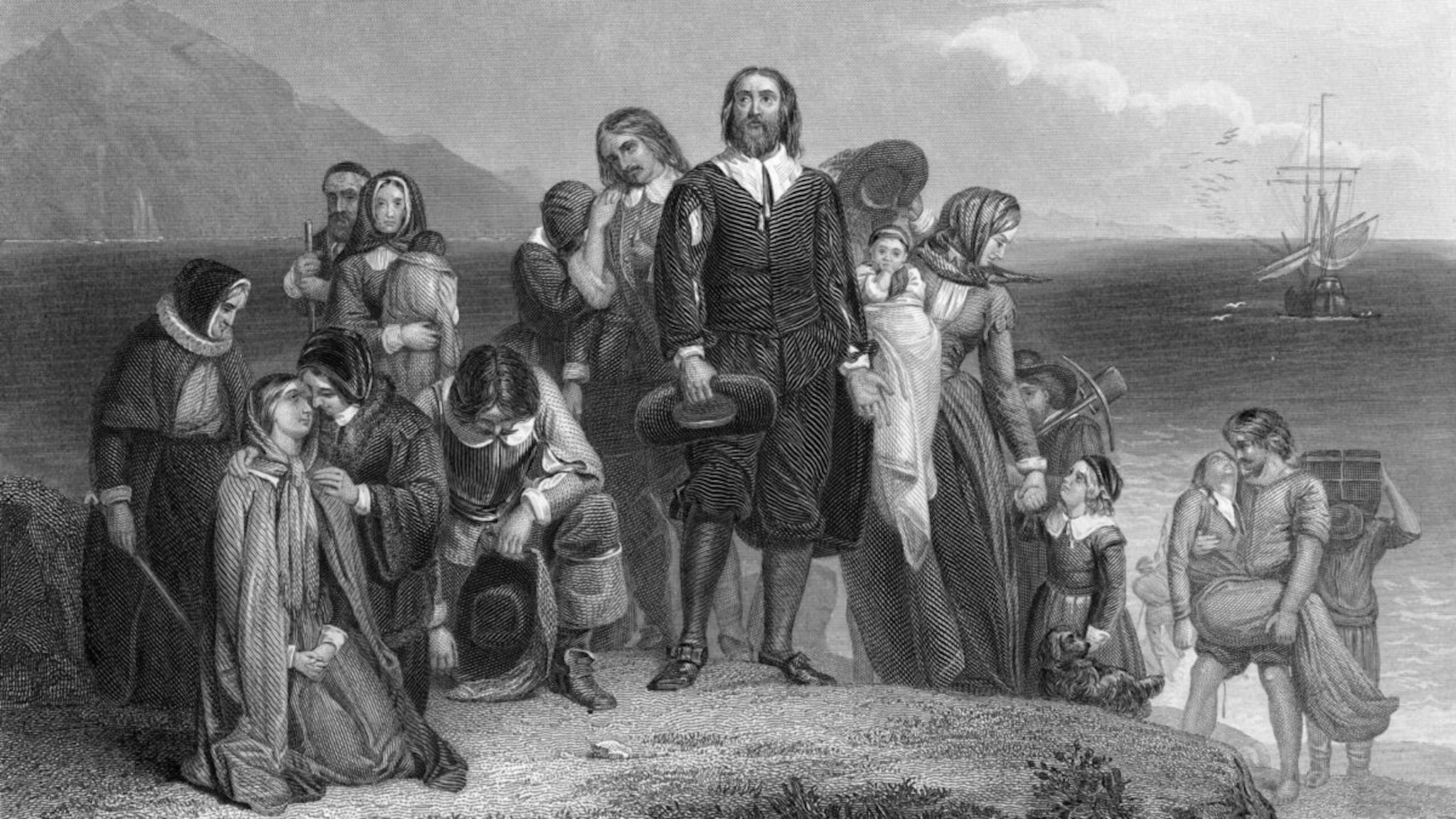 An engraving depicts the arrival of the pilgrims at Plymouth Rock, on the coast of what became Massachussetts, 1620.