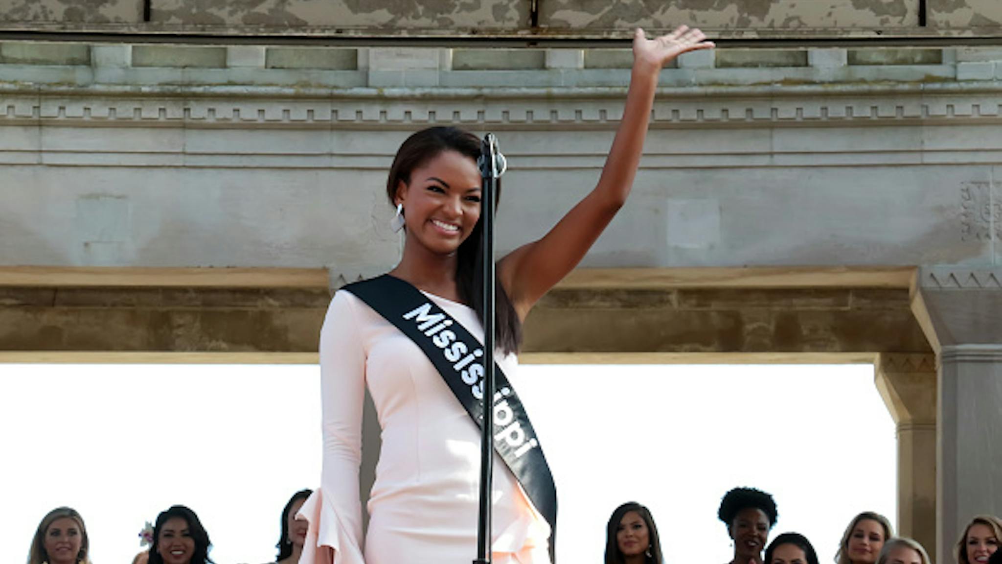 2019 Miss America Candidates Arrival Ceremony ATLANTIC CITY, NJ - AUGUST 30: Miss Mississippi 2018, Asya Branch waves to crowd at Kennedy Plaza on August 30, 2018 in Atlantic City, New Jersey.