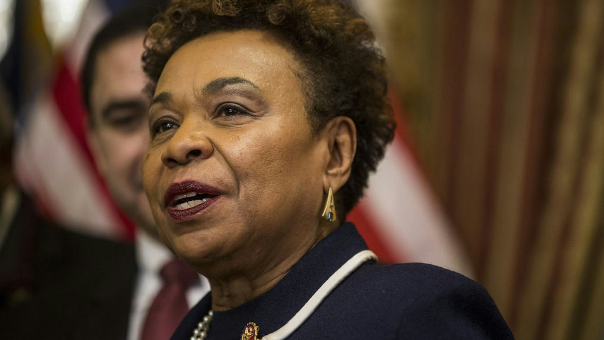 Representative Barbara Lee, a Democrat from California, speaks during an enrollment ceremony on Capitol Hill in Washington, D.C., U.S., on Feb. 14, 2019. Congress sent President Donald Trump legislation he said he'll sign to avoid another government shutdown, as a new dispute looms over his decision to declare a national emergency to get a total of $8 billion in federal money for his border wall, according to an official.
