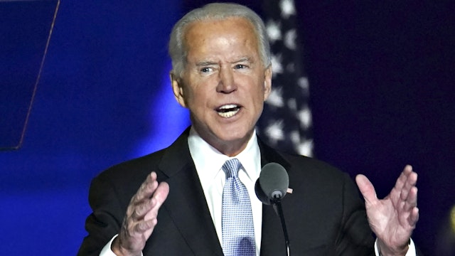 U.S. President-elect Joe Biden speaks while delivering an address to the nation during an election event in Wilmington, Delaware, U.S., on Saturday, Nov. 7, 2020. Biden defeated Donald Trump to become the 46th U.S. president, unseating the incumbent with a pledge to unify and mend a nation reeling from a worsening pandemic, faltering economy and deep political divisions.