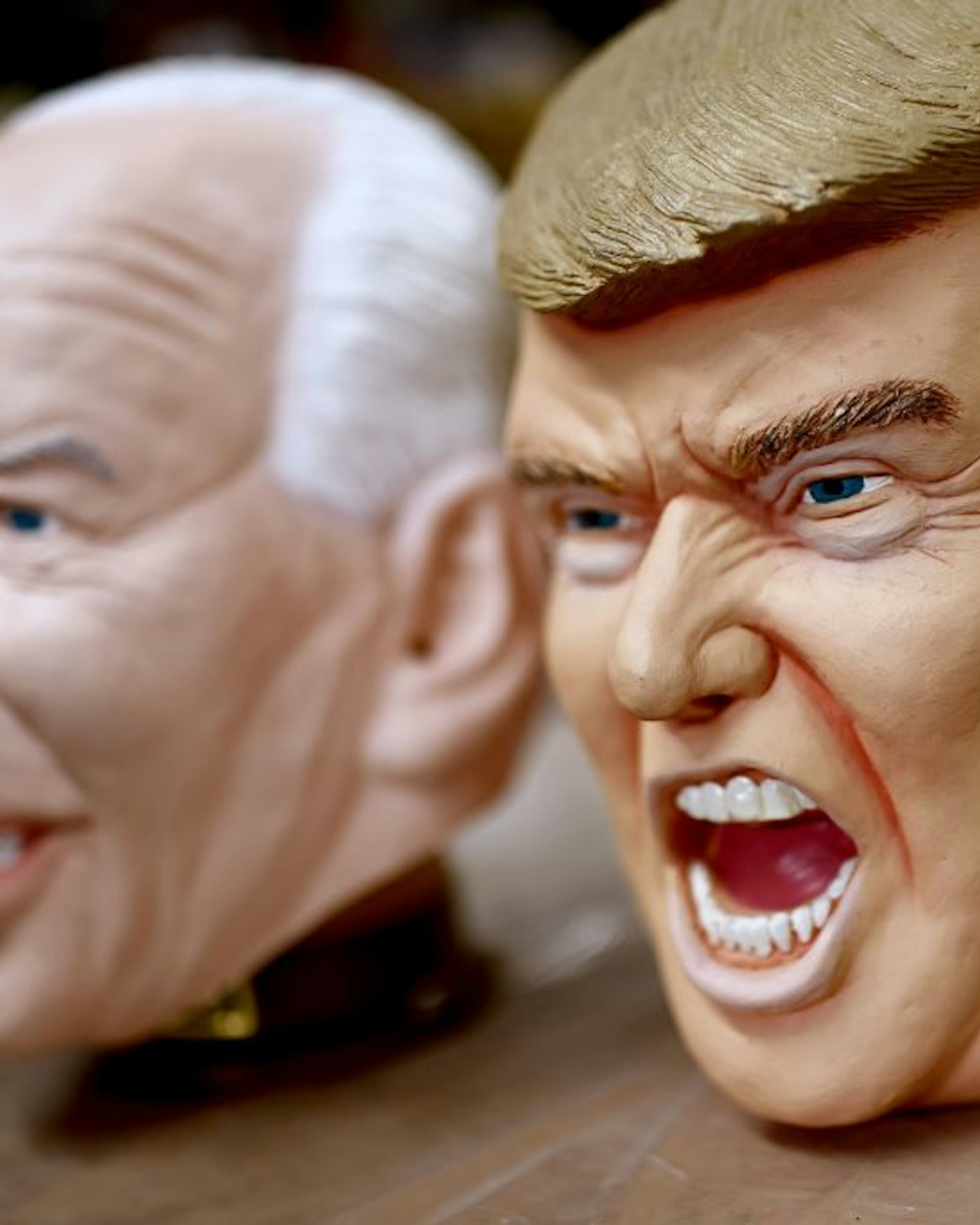 Rubber masks of US President-elect Joe Biden (L) and US President Donald Trump are seen at the Ogawa Studios mask factory in Saitama, north of Tokyo on November 12, 2020. (Photo by Behrouz MEHRI / AFP)