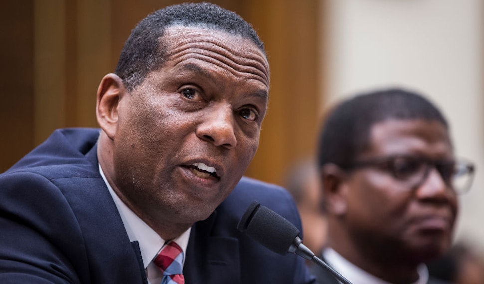 WASHINGTON, DC - JUNE 19: Former NFL player Burgess Owens testifies during a hearing on slavery reparations held by the House Judiciary Subcommittee on the Constitution, Civil Rights and Civil Liberties on June 19, 2019 in Washington, DC. The subcommittee debated the H.R. 40 bill, which proposes a commission be formed to study and develop reparation proposals for African-Americans. (Photo by Zach Gibson/Getty Images)