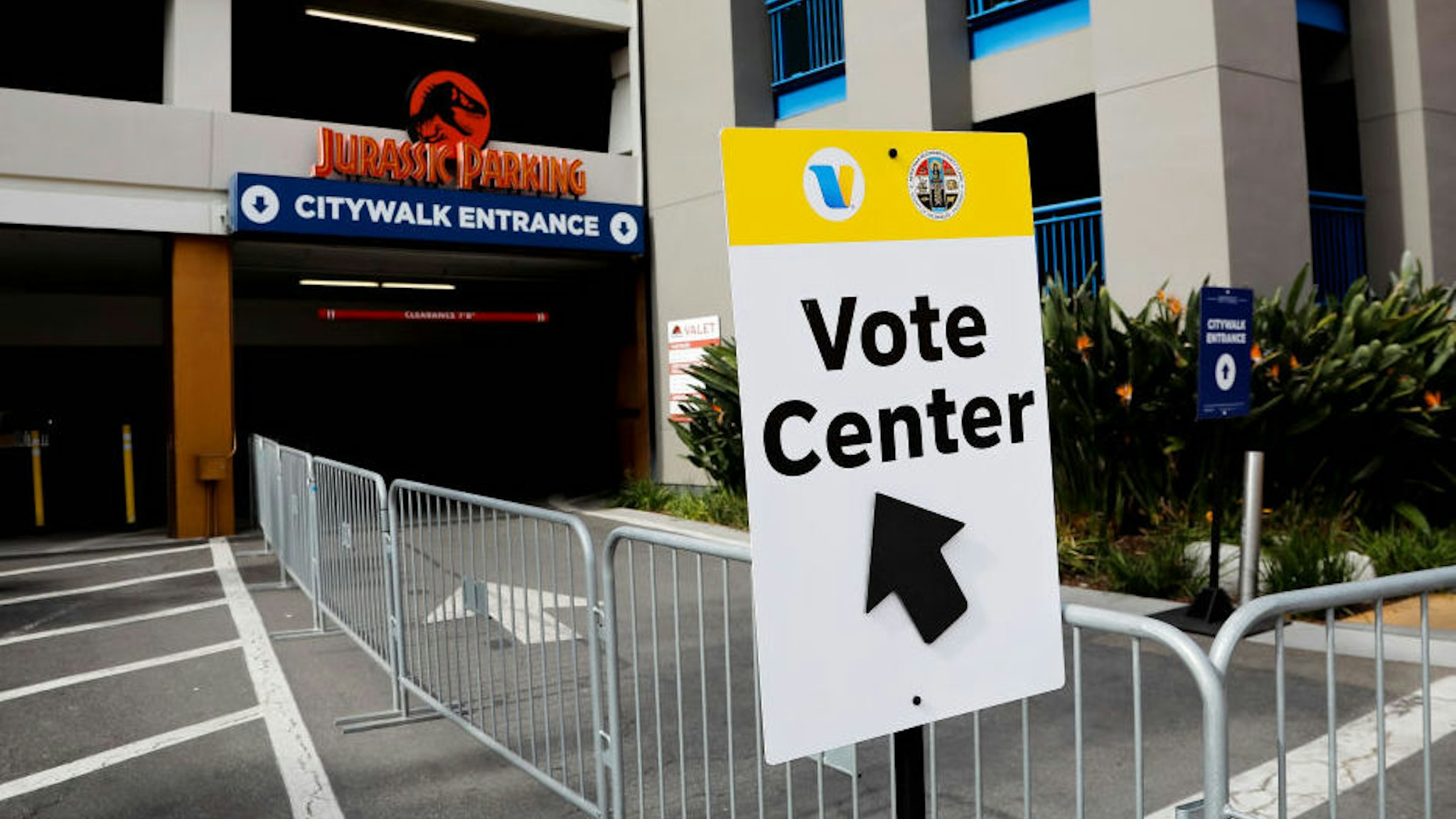 A view outside a voting center at the Jurassic Park parking garage at Universal Studios CityWalk on November 03, 2020 in Los Angeles, California. Several iconic Los Angeles landmarks that were temporarily closed due to the coronavirus (COVID-19) pandemic began operating as voting centers throughout the county on Friday. (Photo by Tibrina Hobson/Getty Images)