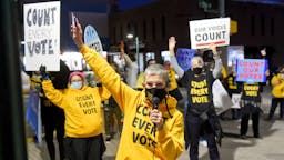 Count Every Vote Jane Palmer, the Director of Berks Stands Up, speaks to the crowd. At 5th and Penn Streets in Reading, PA Wednesday evening November 4, 2020 where people gathered to hold a rally to call for all of the votes cast in Tuesday's election to the counted. The rally was organized by members of Make the Road Pennsylvania, Berks Stands Up, and Sunrise Movement Berks.