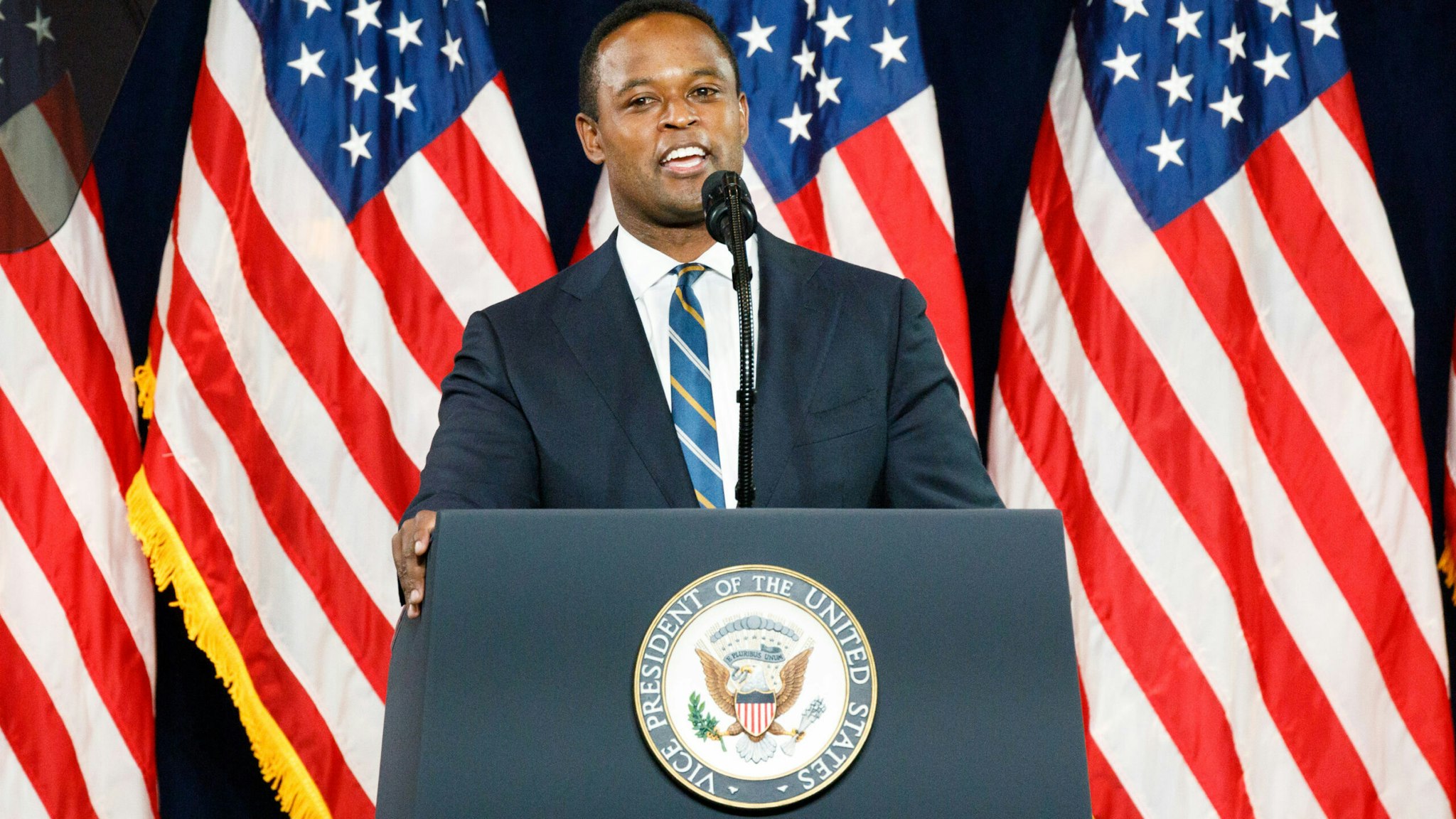 Daniel Cameron, Kentucky's attorney general-elect, speaks during the 'Black Voices for Trump' launch event with U.S. President Donald Trump, not pictured, in Atlanta, Georgia, U.S., on Friday, Nov. 8, 2019. Trump has alienated large swathes of minority communities during his presidency, but he thinks he has an argument to win some of them over in the 2020 election: the economy.