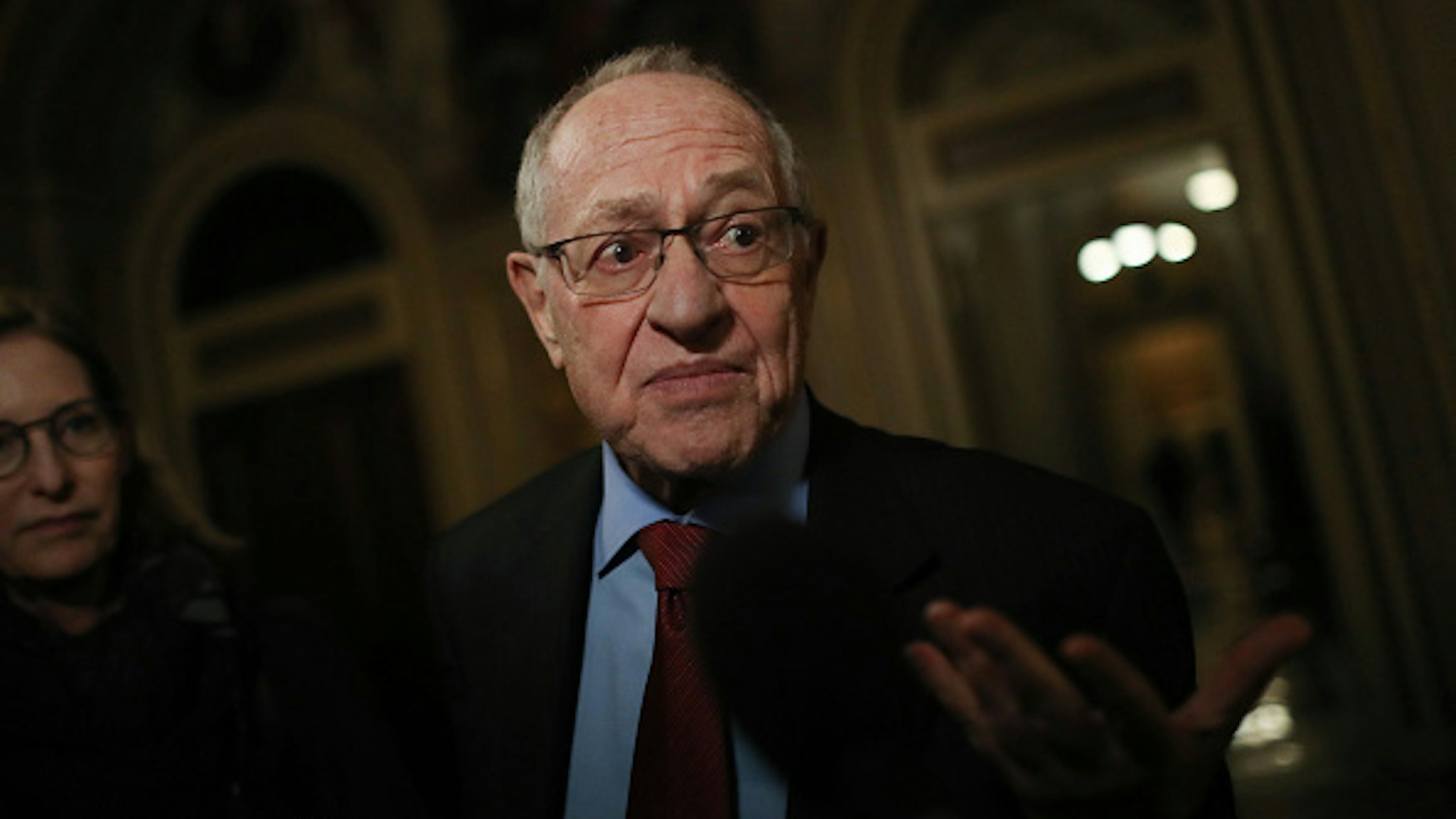 WASHINGTON, DC - JANUARY 29: Attorney Alan Dershowitz, a member of President Donald Trump's legal team, speaks to the press in the Senate Reception Room during the Senate impeachment trial at the U.S. Capitol on January 29, 2020 in Washington, DC. Wednesday begins the question-and-answer phase of the impeachment trial that will last up to 16 hours over the next two days.