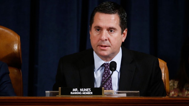 Representative Devin Nunes, a Republican from California and ranking member of the House Intelligence Committee, speaks during an impeachment inquiry hearing in Washington, D.C., U.S., on Thursday, Nov. 21, 2019. The committee hears from nine witnesses in open hearings this week in the impeachment inquiry into President Donald Trump. Photographer: Andrew Harrer/Bloomberg