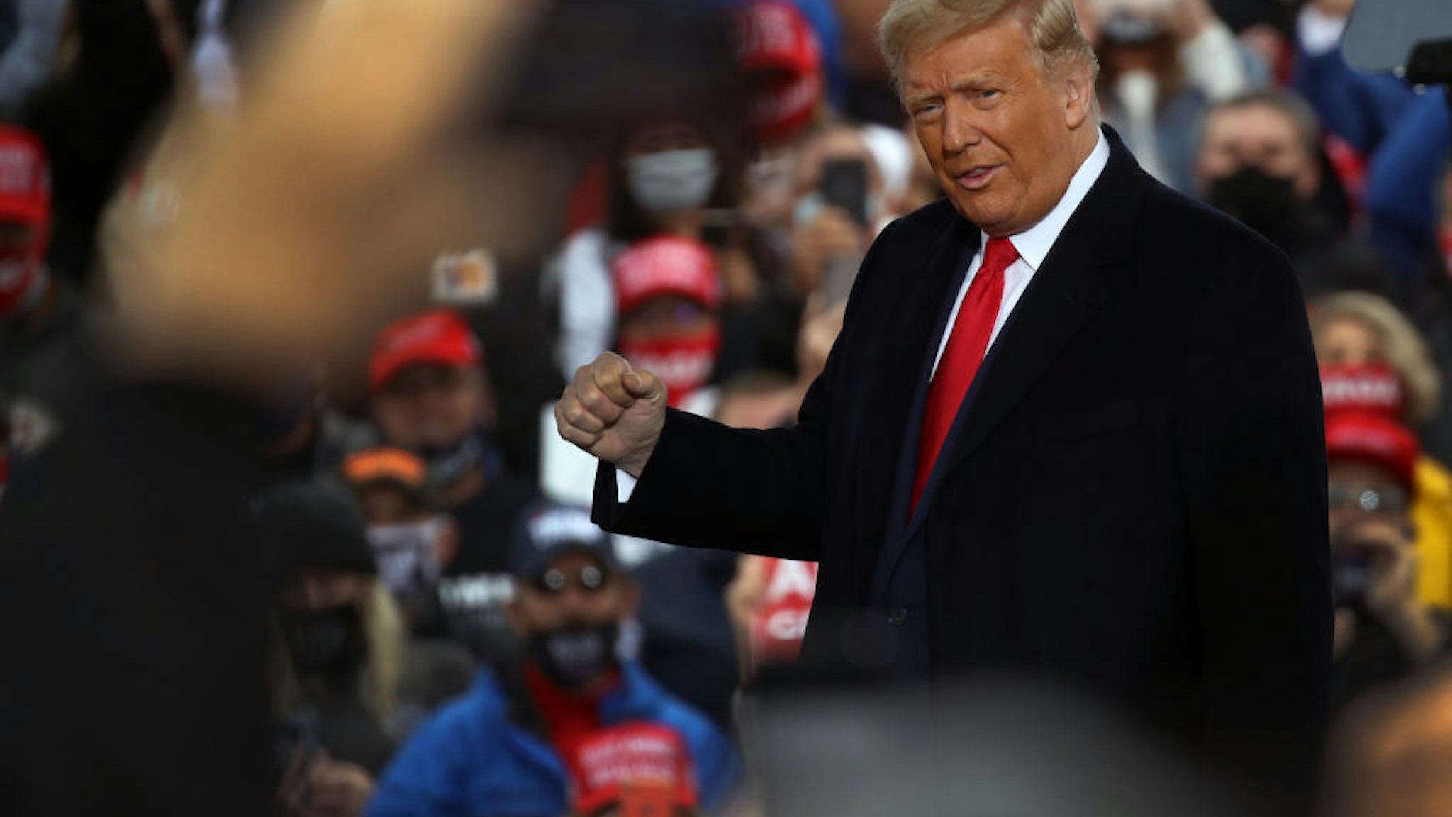 ALLENTOWN, PENNSYLVANIA - OCTOBER 26: President Donald Trump delivers remarks at a rally during the last full week of campaigning before the presidential election on October 26, 2020 in Allentown, Pennsylvania. Trump still trails his opponent Joe Biden in most major polls as Americans prepare to go to the polls to choose their next president on November 3rd. Pennsylvania. (Photo by Spencer Platt/Getty Images)