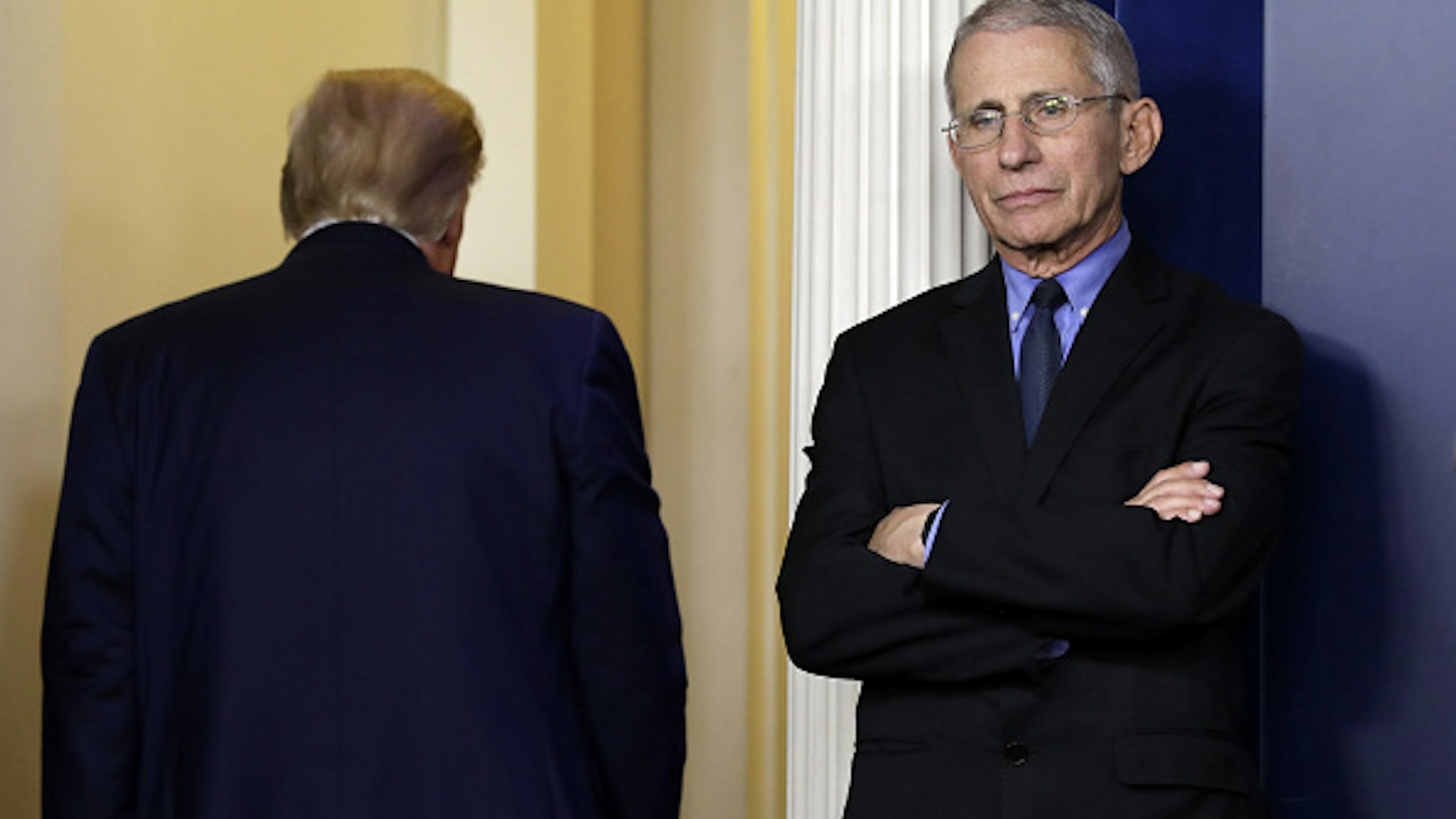 Bloomberg Best of the Year 2020: Anthony Fauci, director of the National Institute of Allergy and Infectious Diseases, right, stands as U.S. President Donald Trump exits during a Coronavirus Task Force news conference at the White House in Washington, D.C., U.S., on Thursday, March 26, 2020.
