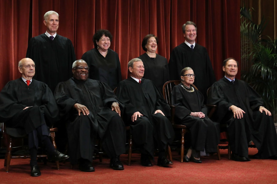 United States Supreme Court (Front L-R) Associate Justice Stephen Breyer, Associate Justice Clarence Thomas, Chief Justice John Roberts, Associate Justice Ruth Bader Ginsburg, Associate Justice Samuel Alito, Jr., (Back L-R) Associate Justice Neil Gorsuch, Associate Justice Sonia Sotomayor, Associate Justice Elena Kagan and Associate Justice Brett Kavanaugh pose for their official portrait at the in the East Conference Room at the Supreme Court building November 30, 2018 in Washington, DC.
