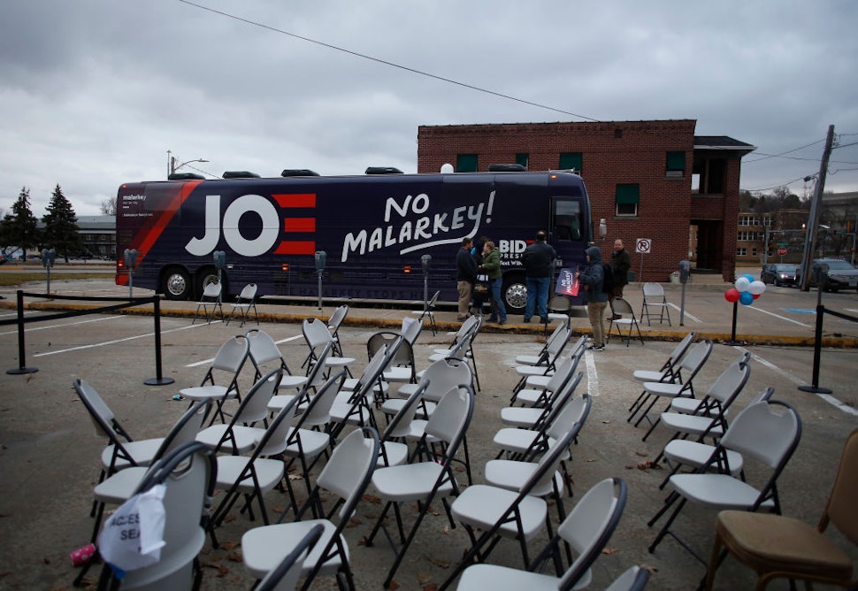 The bus of Democratic presidential candidate, former Vice President Joe Biden sits in a parking lot after a campaign event on November 30, 2019 in Council Bluffs, Iowa.