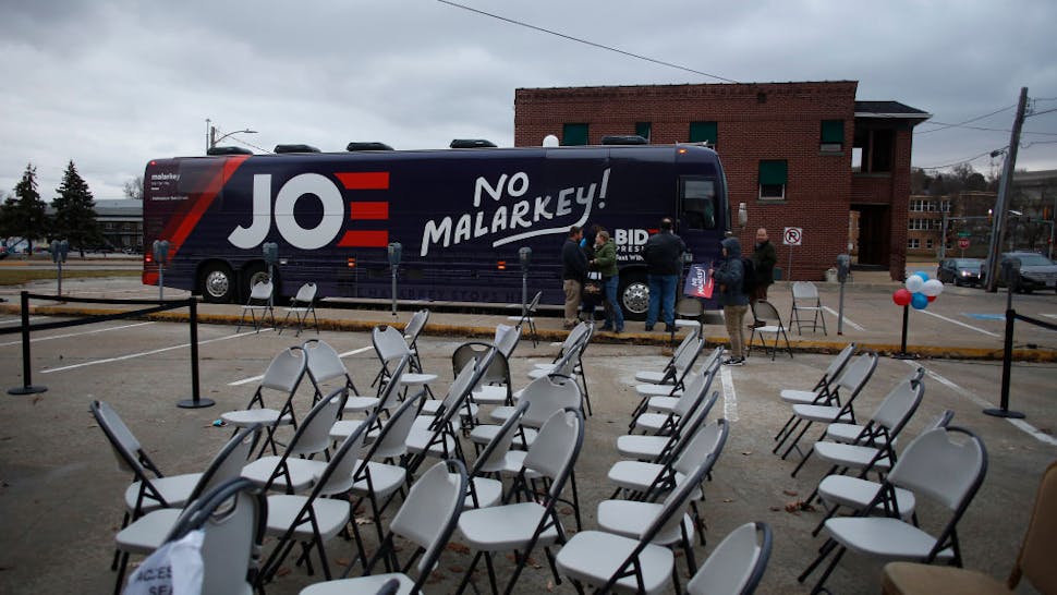 Democratic Presidential Candidate Joe Biden Begins Campaign Bus Tour Through Iowa The bus of Democratic presidential candidate, former Vice President Joe Biden sits in a parking lot after a campaign event on November 30, 2019 in Council Bluffs, Iowa.