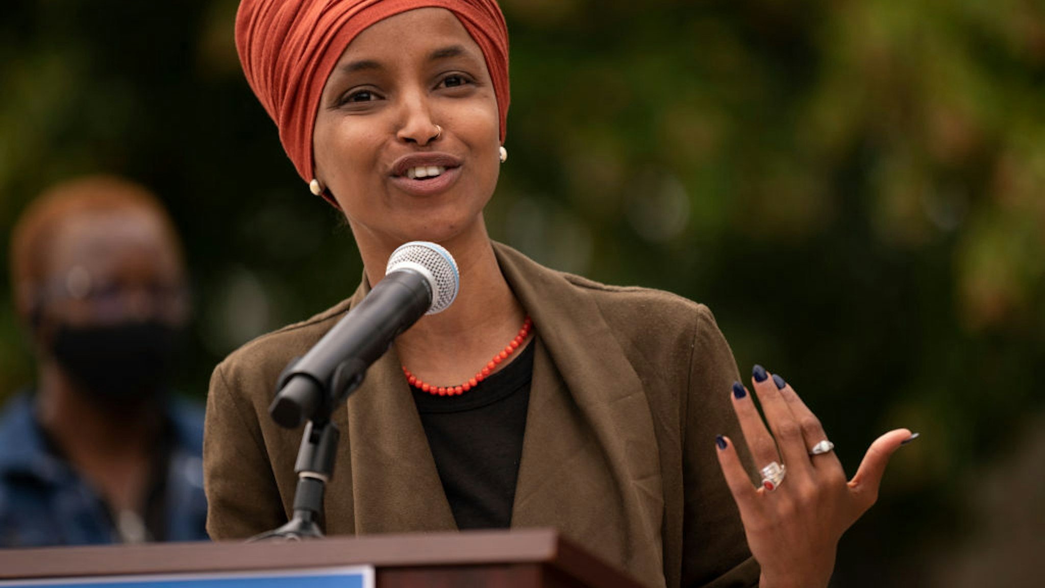 Rep. Ilhan Omar (D-MN) speaks during a press conference outside the DFL Headquarters on August 5, 2020 in St Paul, Minnesota