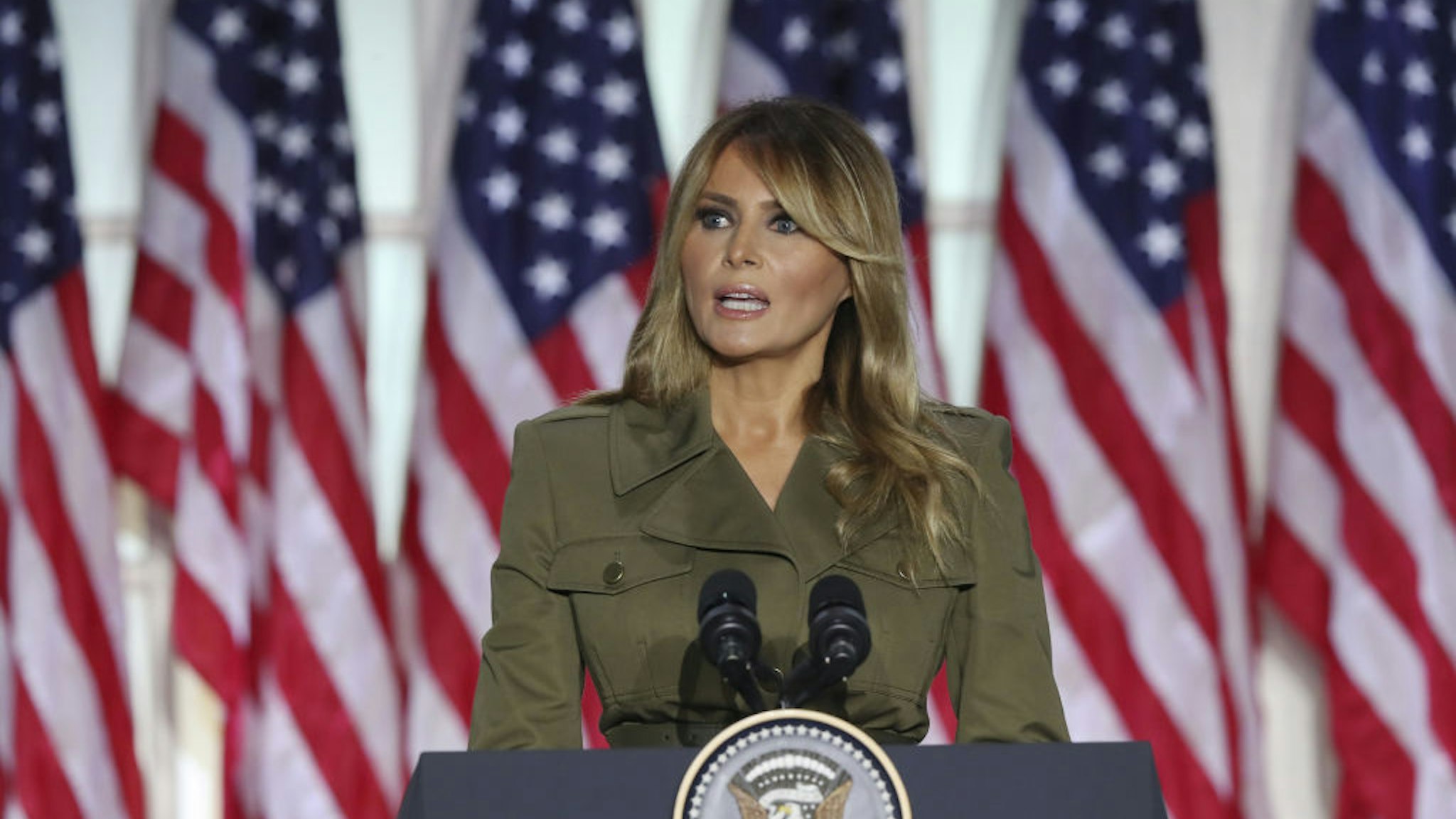 U.S. First Lady Melania Trump speaks during the Republican National Convention in the Rose Garden of the White House in Washington, D.C., U.S., on Tuesday, Aug. 25, 2020.