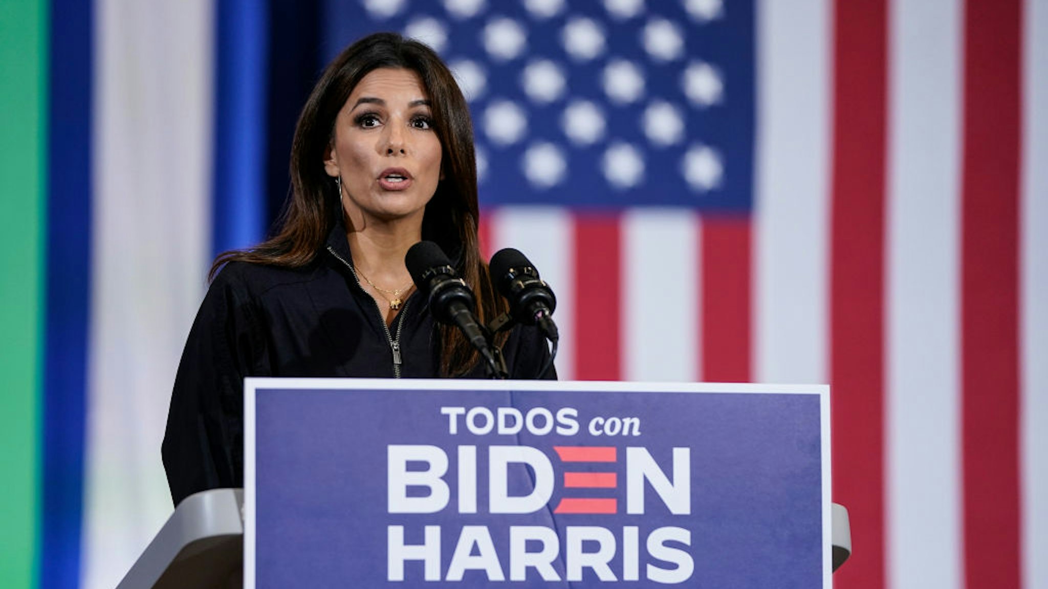 Actress Eva Longoria speaks at a Hispanic heritage event with Democratic presidential nominee and former Vice President Joe Biden at Osceola Heritage Park on September 15, 2020 in Kissimmee, Florida.