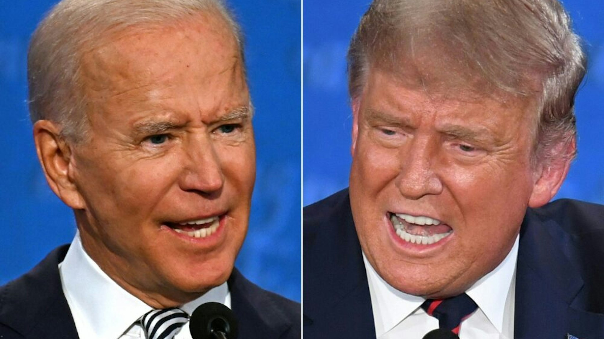 TOPSHOT - (COMBO) This combination of pictures created on September 29, 2020 shows Democratic Presidential candidate and former US Vice President Joe Biden (L) and US President Donald Trump speaking during the first presidential debate at the Case Western Reserve University and Cleveland Clinic in Cleveland, Ohio on September 29, 2020. (Photos by JIM WATSON and SAUL LOEB / AFP)