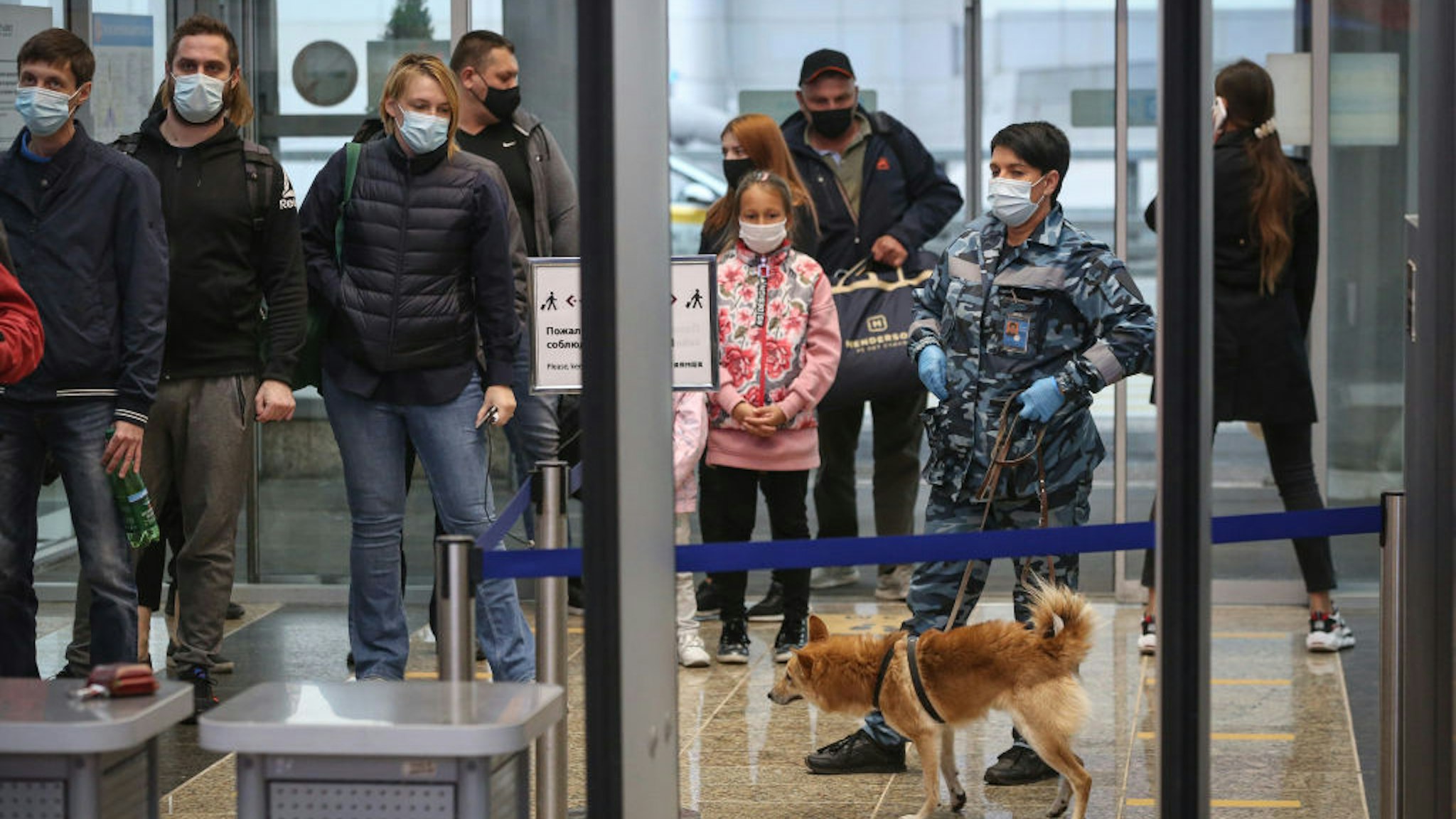 An employee handles a sniffer dog during an explosive material detection patrol by the passenger security check queue in the departures terminal at Sheremetyevo International Airport OAO in Moscow, Russia, on Friday, Oct. 9, 2020.