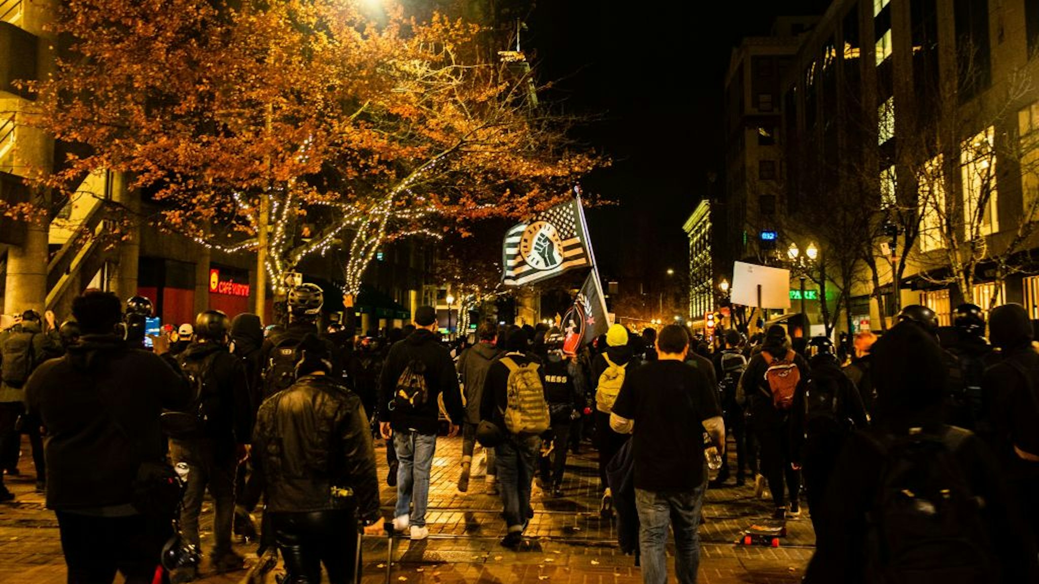 Portland city protestors march in Portland, Oregon on November 4, 2020, during a demonstration called by the "Black Lives Matter" movement, a day after the US Presidential Election. - Democratic