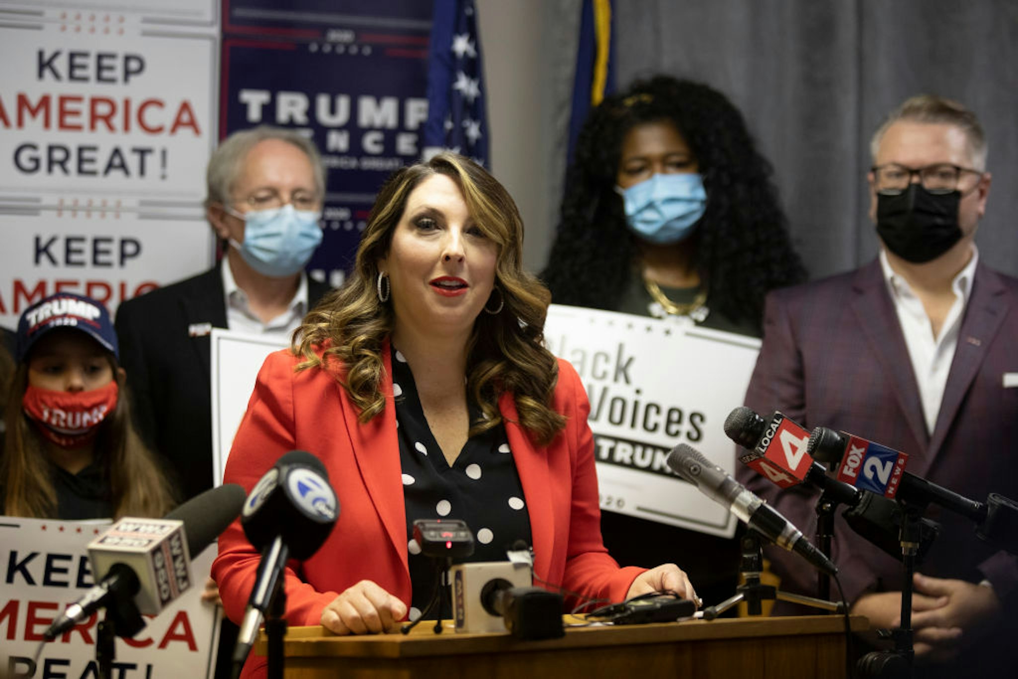 Republican National Committee Chairwoman Ronna McDaniel speaks during the Trump Victory press conference on November 6, 2020 in Bloomfield Hills, Michigan.