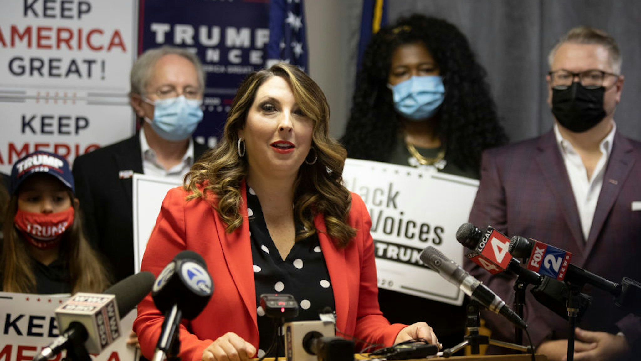 Republican National Committee Chairwoman Ronna McDaniel speaks during the Trump Victory press conference on November 6, 2020 in Bloomfield Hills, Michigan.