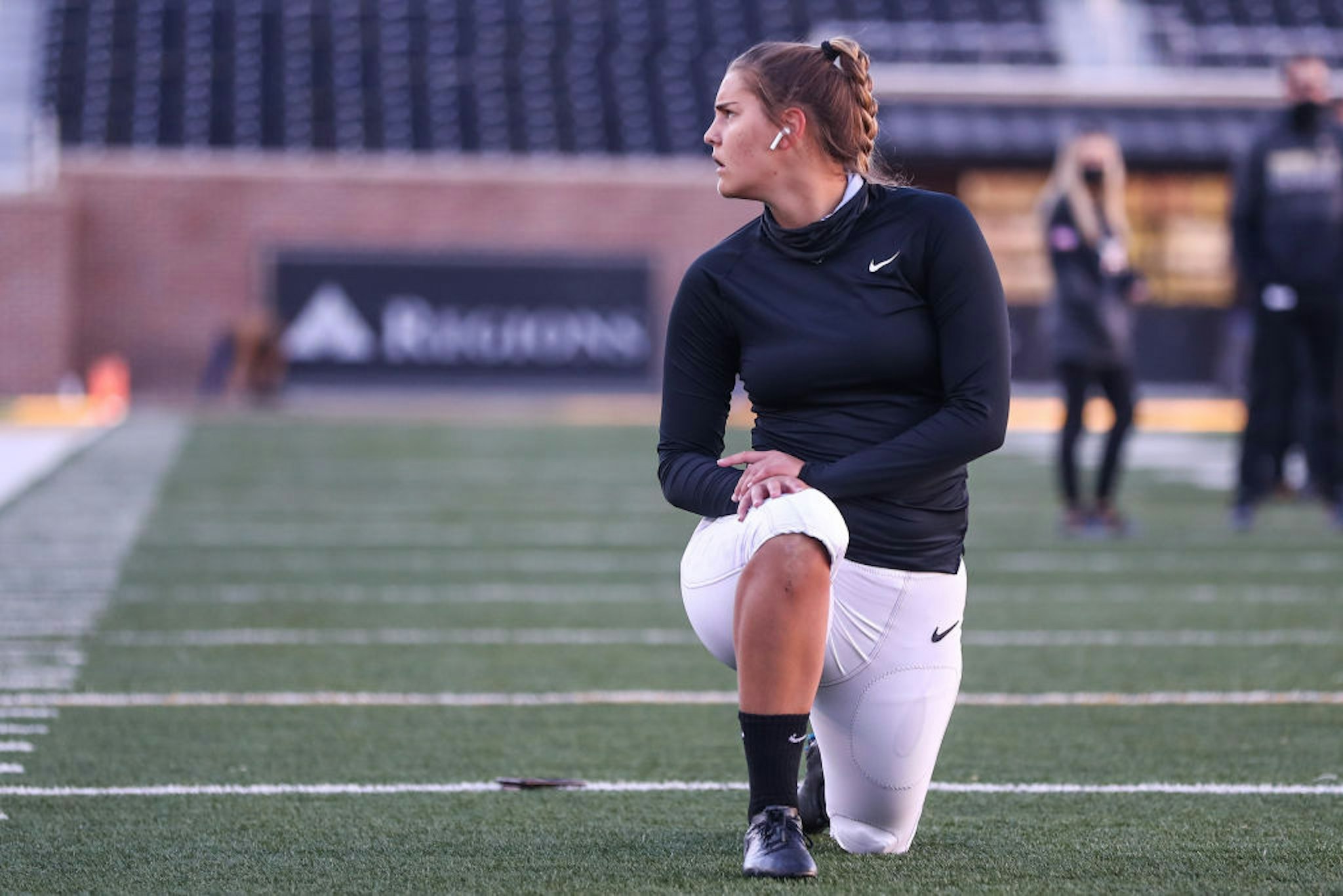 Sarah Fuller #32 of the Vanderbilt Commodores warms up prior to the game against the Missouri Tigers at Farout Field on November 28, 2020 in Columbia, Missouri.